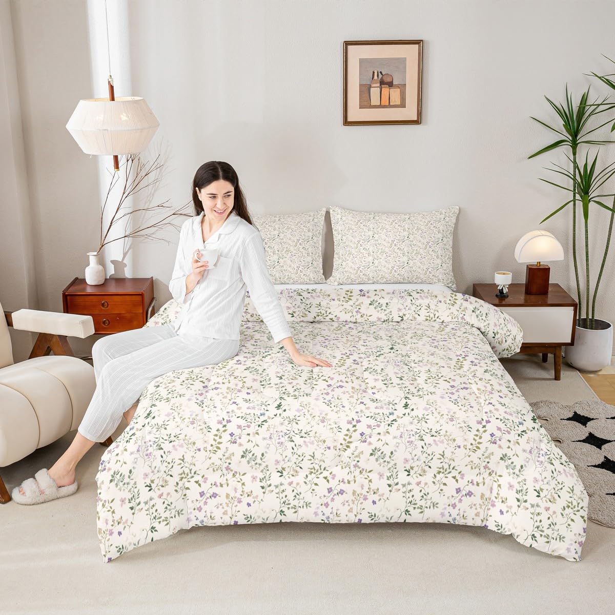 Feelyou Floral Comforter Set All Season Plant Bedding Set with 2 Pillow Cases Farmhouse Garden Microfiber Kids Full Bedclothes Cute Bedroom Decor White Beige Duvet Quilt Breathable Soft Lightweight