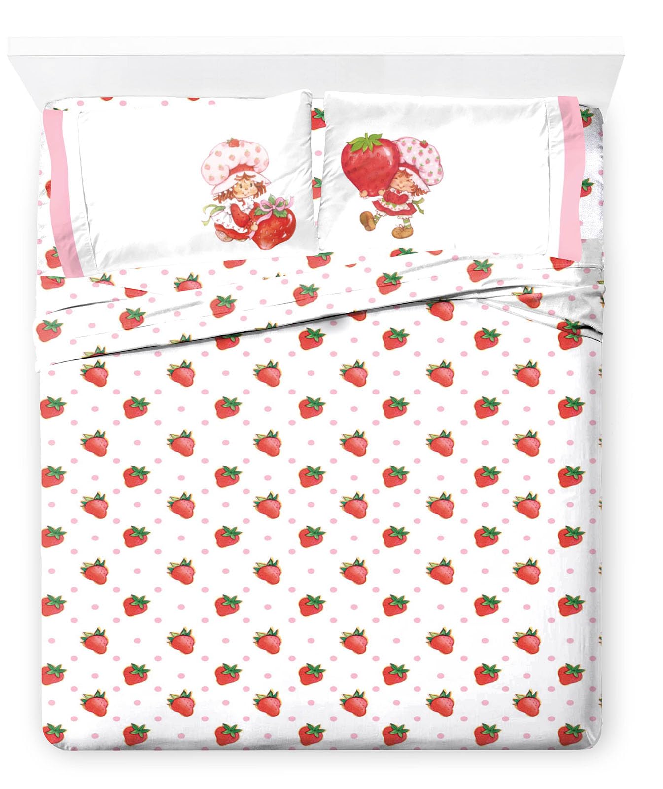 Jay Franco Kids Sheet Set with Fitted, Flat Sheets & Pillow Cover - Ultra-Soft Bedding with Pillowcase for Room Decor, White - Strawberry Shortcake, 4 Piece Full