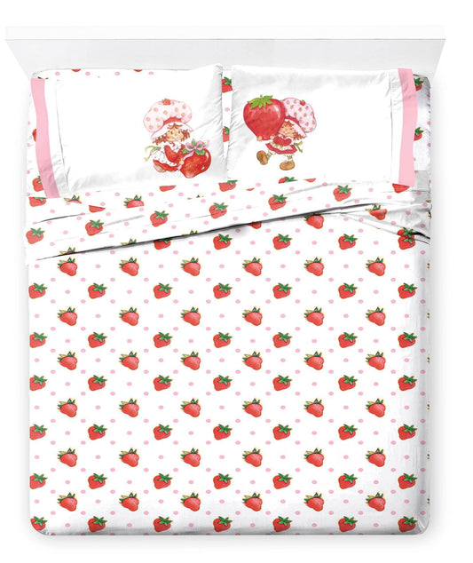 Jay Franco Kids Sheet Set with Fitted, Flat Sheets & Pillow Cover - Ultra-Soft Bedding with Pillowcase for Room Decor, White - Strawberry Shortcake, 4 Piece Full