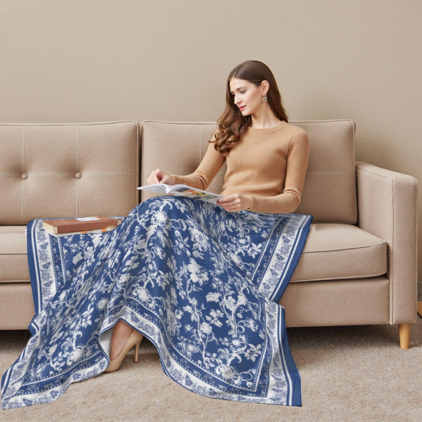 Blue White Floral Blanket for Bed, Couch, Soft Cozy Flannel Chinoiserie Throw Blanket Reversible Sofa Lightweight Breathable Rustic Stylish Home Decor Blanket Navy Blue 50 x 60 Inch