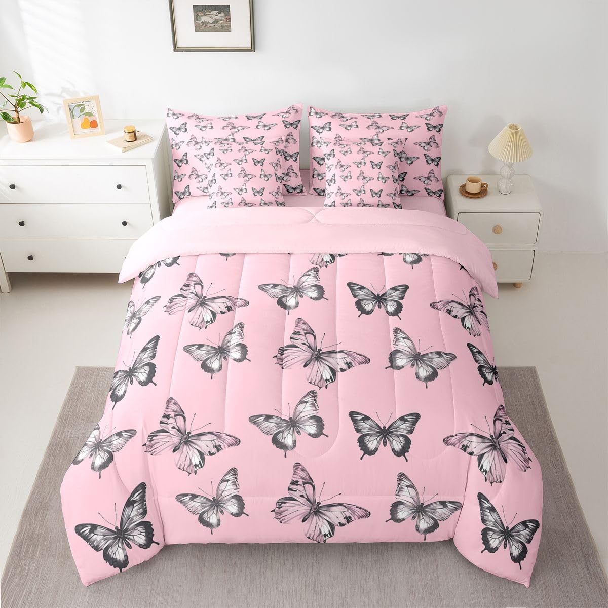 Erosebridal Butterfly Silhouette 7 Piece Bedding Set Twin Black Wild Animal Comforter Set with Sheets Pink Tie Dyed Bed in a Bag Nature Butterfly Animals Bed Sets Comforter