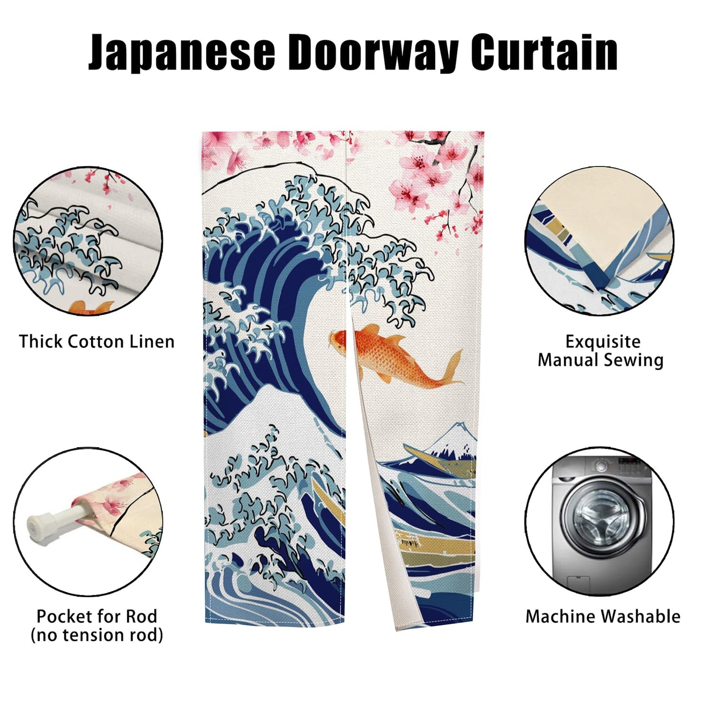 Leowefowa Japanese Traditional Noren Doorway Curtain Long Style Kio Fish Window Treatment Blossom Japanese Noren Curtain for Doorway Tapestry Room Privacy Divider Kitchen Home Decor, 33.5"x 70.9"