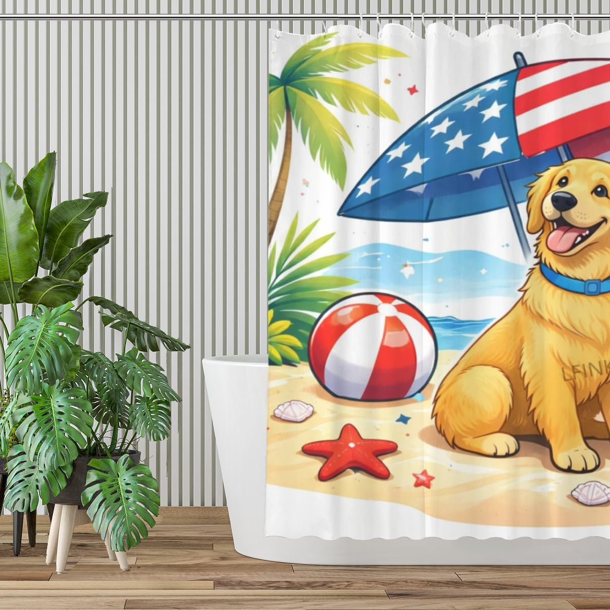LFINKARTGOGO Shower Curtain 72x72 Inch with 12 Hooks Cute Golden Retriever Beach Bathroom Decor Patriotic Summer Coastal Dog Lover Waterproof Washable Polyester Bath Curtain