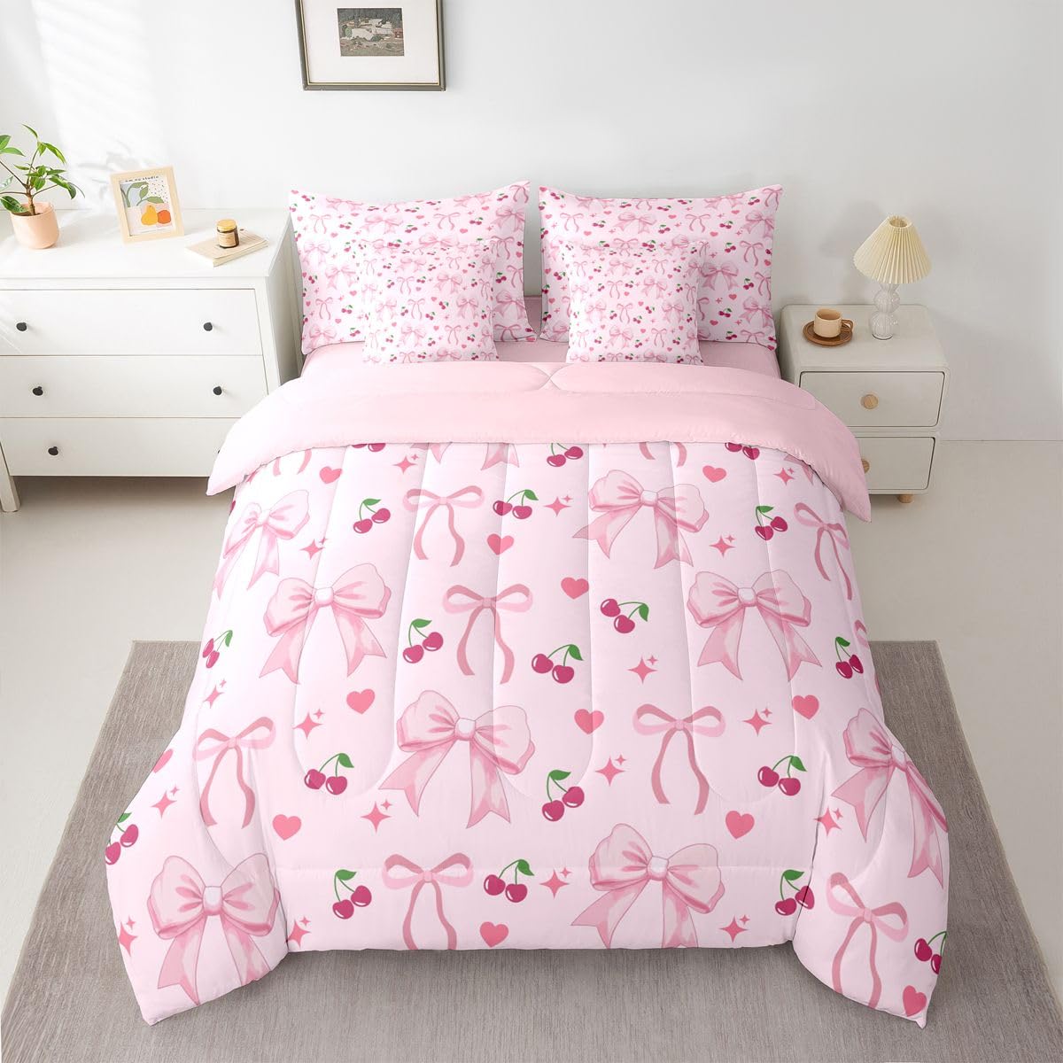 Erosebridal Girly Pink Cherry Bowknot Full Comforter Set 7 Pieces | Ribbon Bow Bed in A Bag for Bedroom Love Hearts Coquette Bedding Set with Comforters Love Hearts Coquette Room Decor