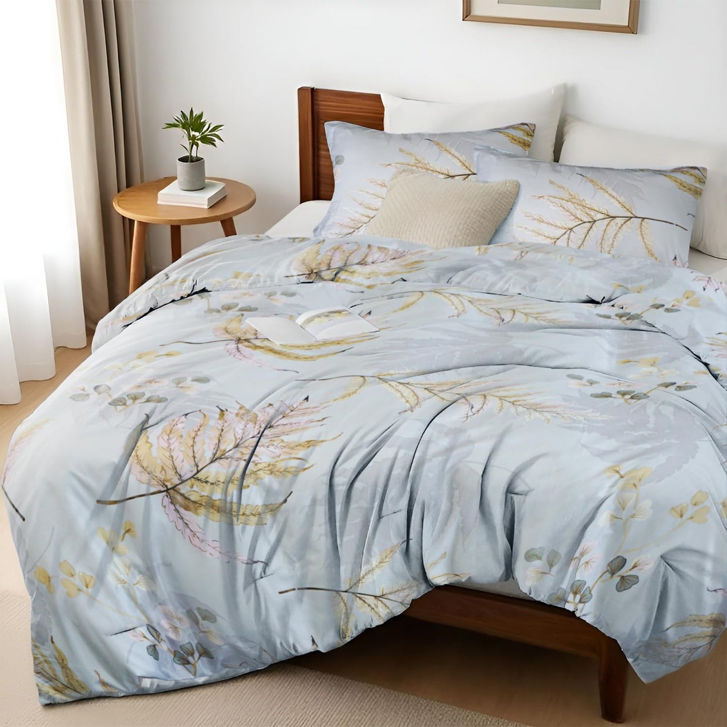 BoL CamelliaCasa Large Bed Set - Floral Pattern Bed Set, 4-piece Bedding, 1 Soft Plant Floral Duvet Cover, 1 Comfortable Plant Bed Sheet, and 2 Pillowcases (Leaf, Twin 86 * 68)