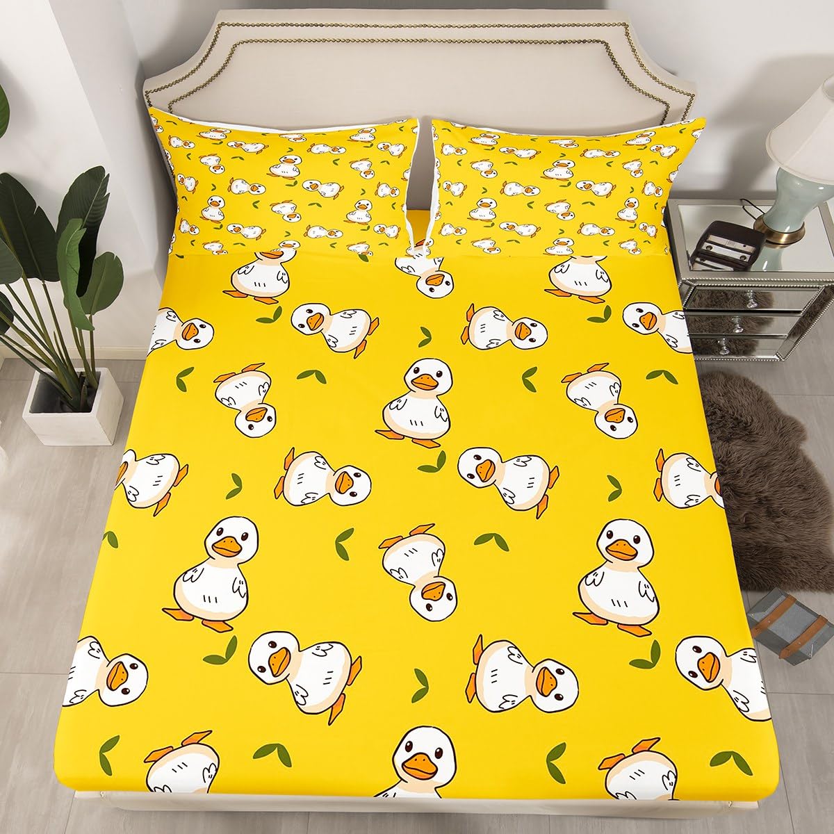 Erosebridal Duck Sheet Set, Cartoon Duck Bed Sheets for Kids, Lovely Hand Painted Bedding Set with Full Fitted Sheet + Flat Sheet + 2 Pillowcases