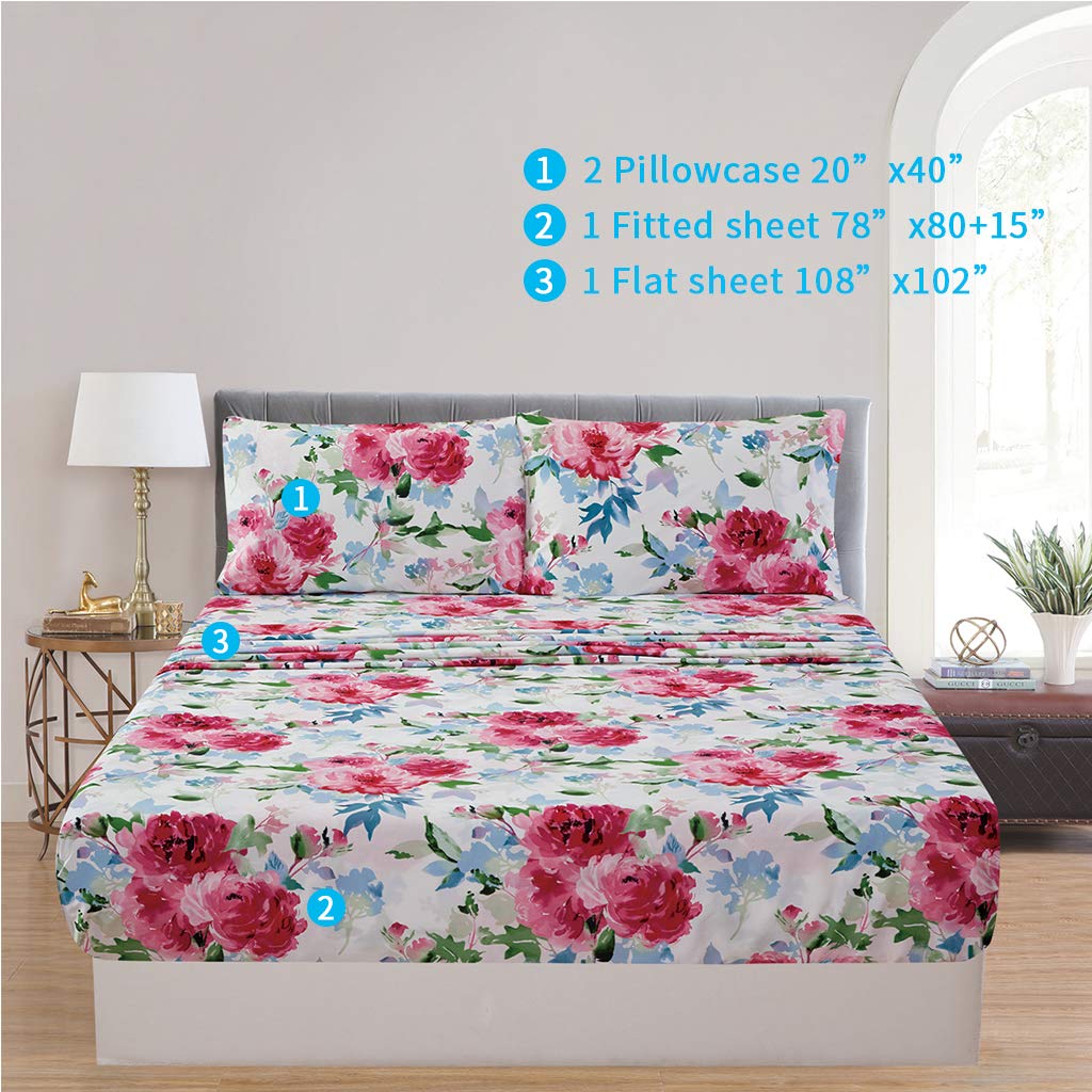 JSD Watercolor Rose Floral Sheet Set King Size, 4 Piece Soft Printed Microfiber Sheets Extra Deep Pocket