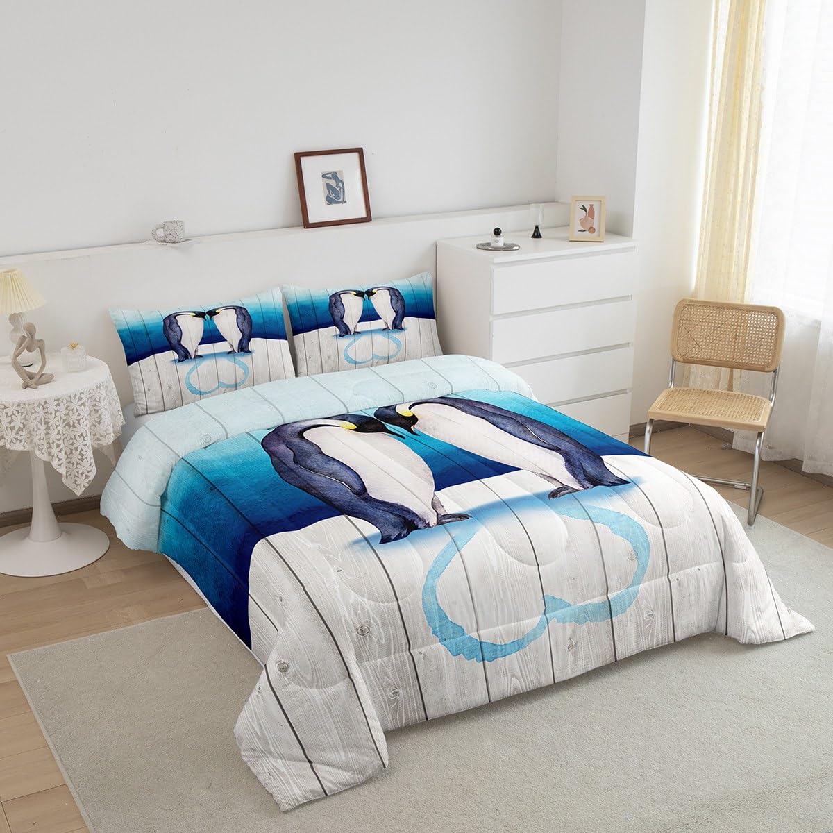 Homewish Couple Penguin Comforter Set,Antarctic Animals Bedding Set for Kids Girls Women,Adults Penguin Comforter,Blue and White Quilted Duvet Set Bedroom Collection Twin Size 2Pcs
