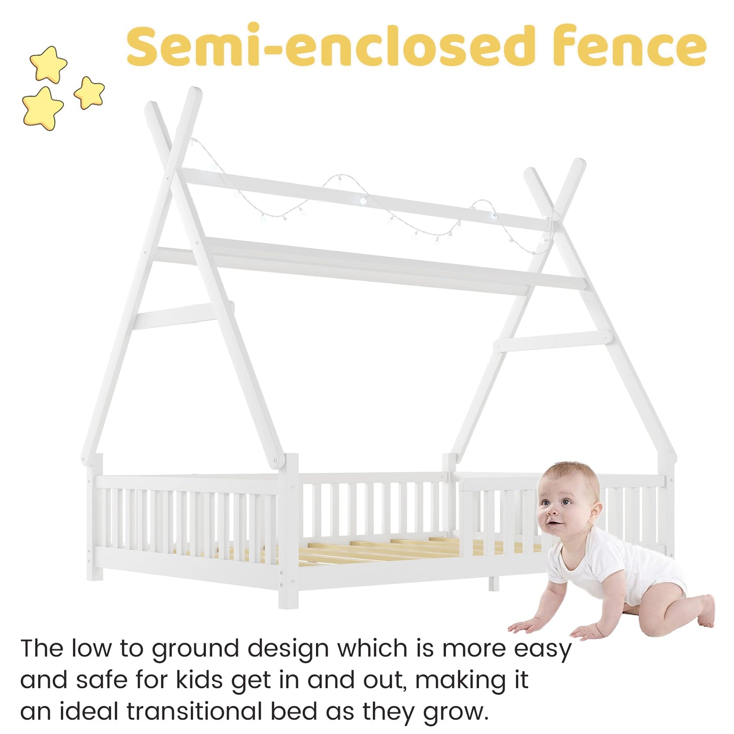 MoproBeti Montessori Bed Full Size with Light and Slats, Wood Teepee Floor Bed for Kids Boys Girls,House Bed Frame with Rails & Roof,No Box Spring Needed, White