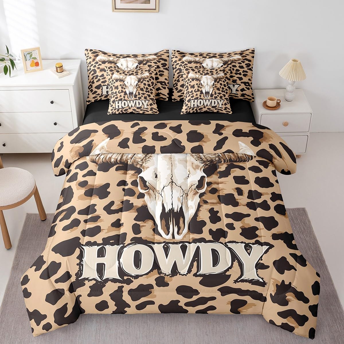 jejeloiu Cow Skull Comforter Set with Sheets Twin Size Kids Longhorn Skull 7 Pieces Bedding Set for Boys Girls Teens Leopard Print Bed in a Bag Breathable Western Bed Set Brown Black
