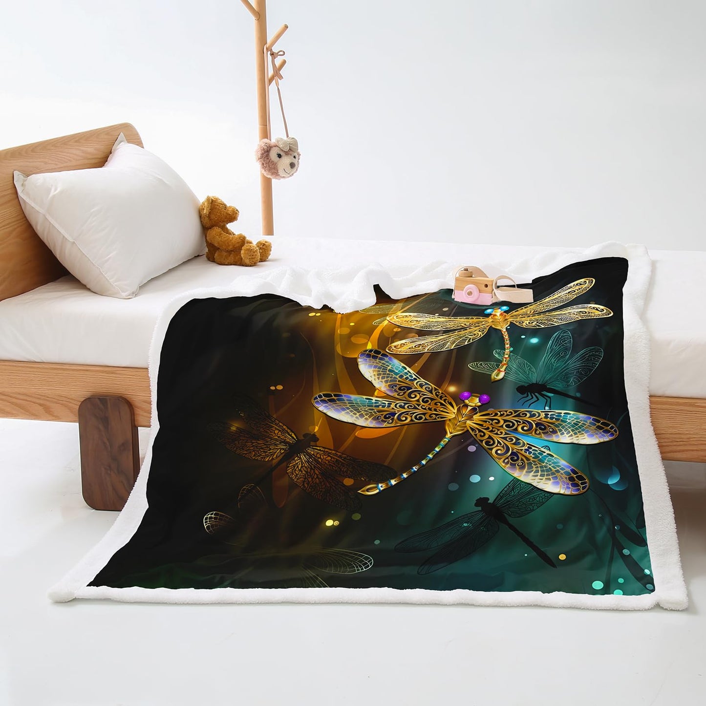 AILONEN Colorful Dragonfly 70 x 55 Inches Throw Blanket,Beautiful Dragonflies Sparkly Fleece Sherpa Blanket for Girls Women,Yellow & Green Gradient Blanket,Soft Warm