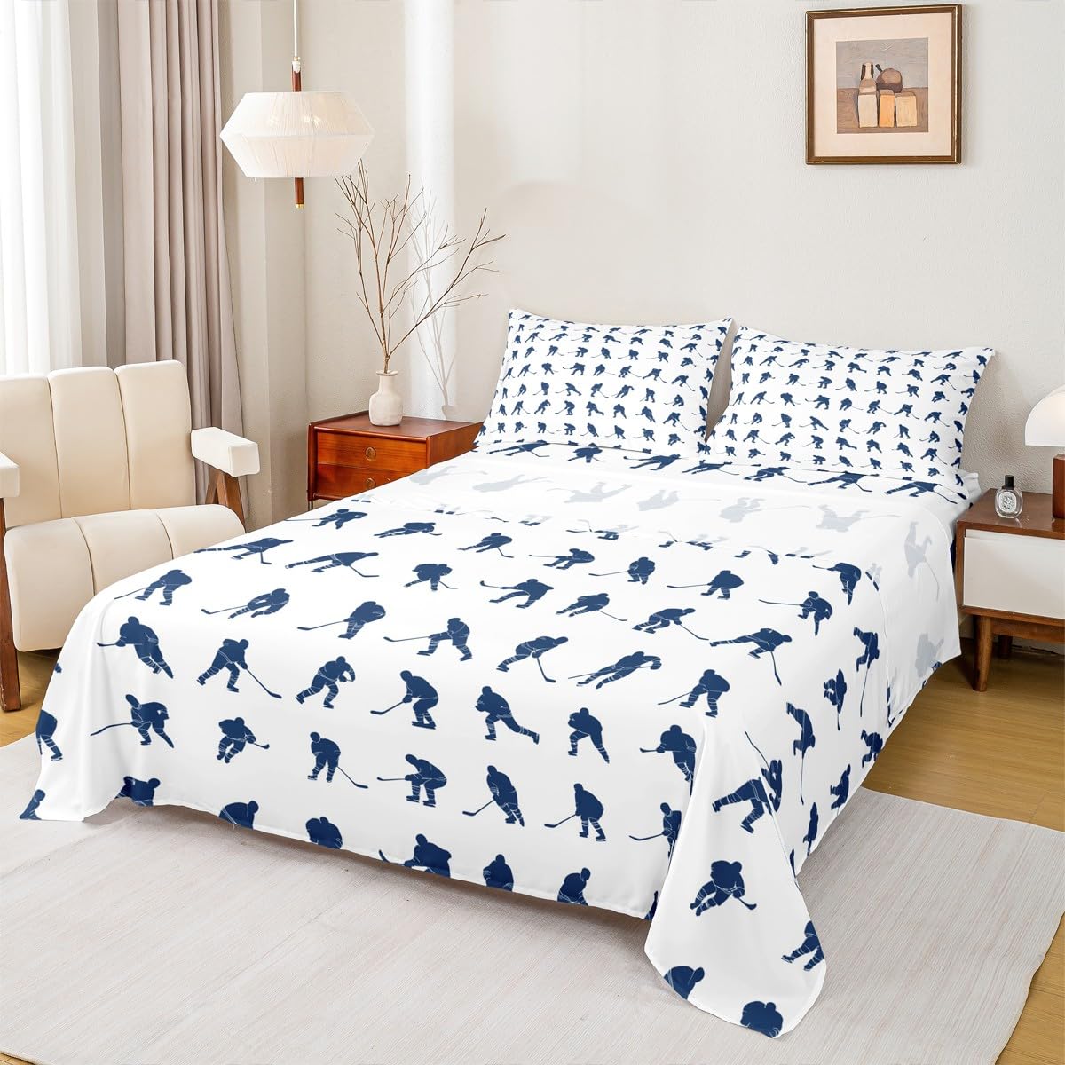 Erosebridal Ice Hockey Sheet Set Full Hockey Player Bed Sheets for Kids Boys Girls Teens Juvenile Sports Game Fitted Sheet Ball Competitive Games Bed Cover Winter Sports Bedroom Decor