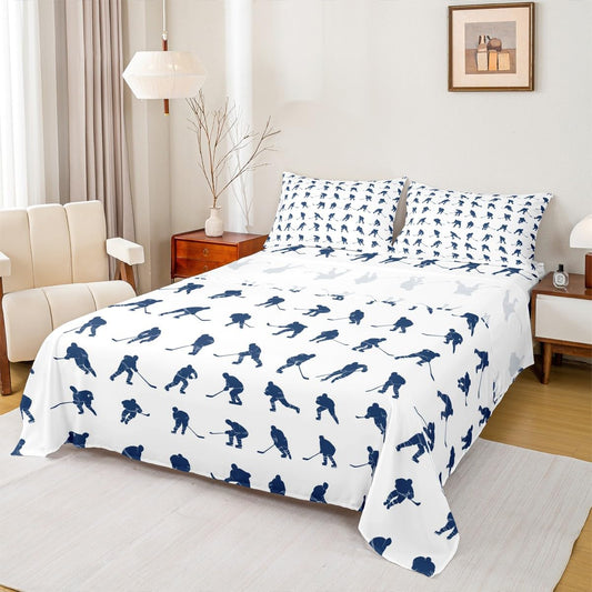 Erosebridal Ice Hockey Sheet Set Full Hockey Player Bed Sheets for Kids Boys Girls Teens Juvenile Sports Game Fitted Sheet Ball Competitive Games Bed Cover Winter Sports Bedroom Decor