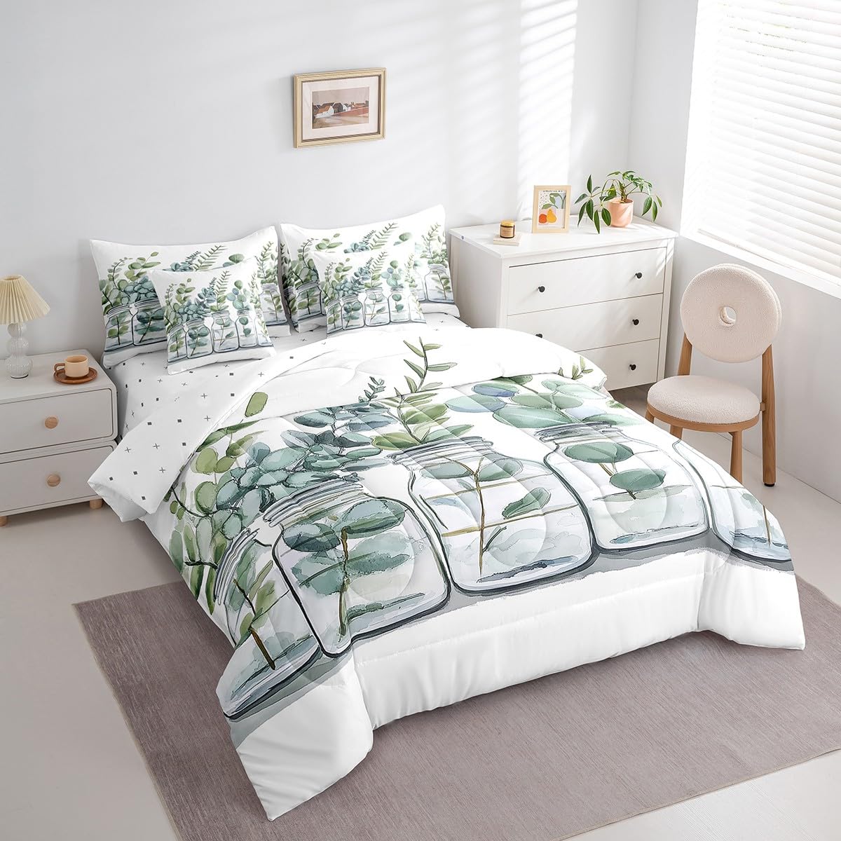 Erosebridal Spring Green Leaves Comforter Set Full Size,Botanical Leaves Bedding Set for Kids Teens,Eucalyptus Leaf (Comforter+Fitted+Flat Sheet+2 Pillowcases+2 Throw Pillow Covers) 7 Pieces Bed Set