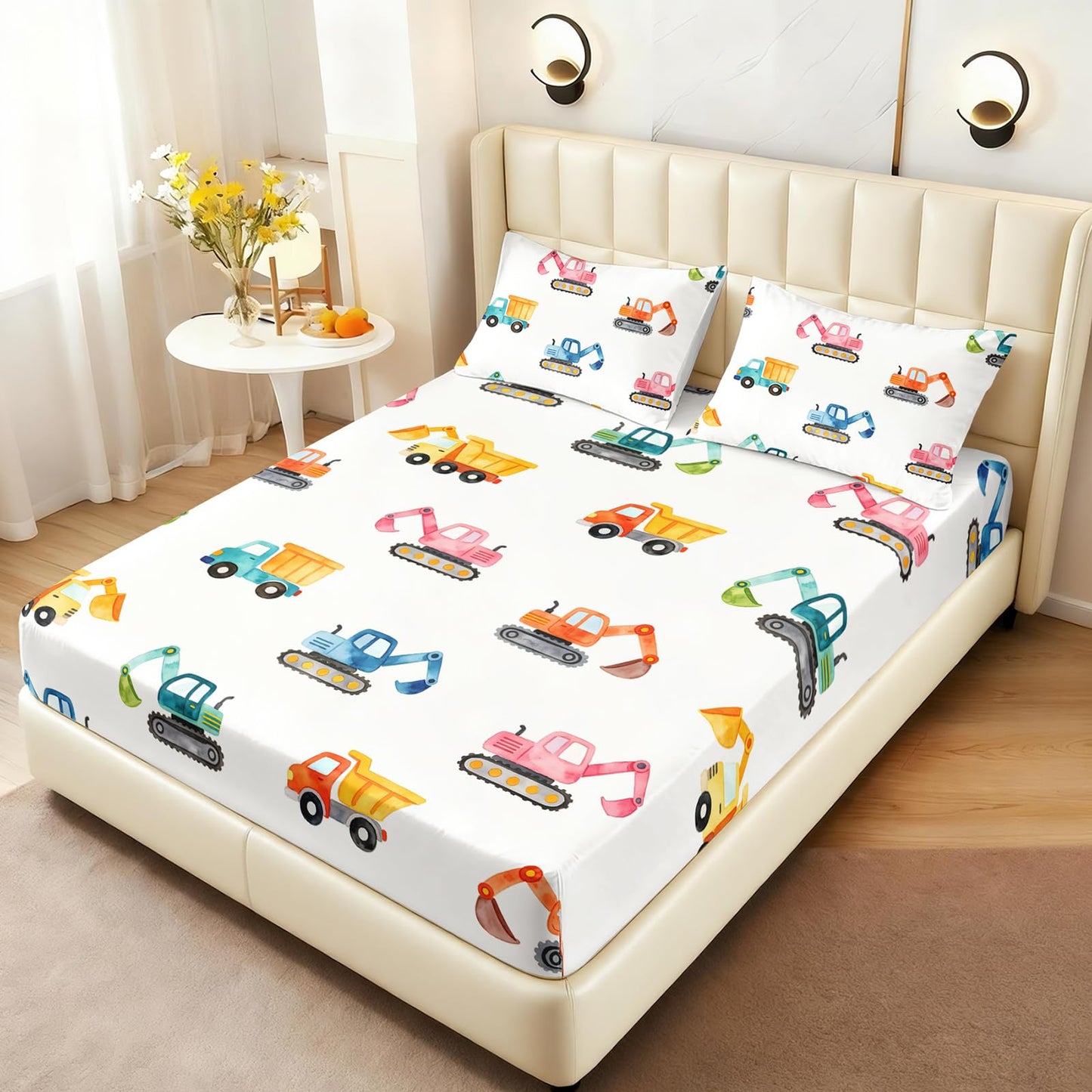 AILONEN Watercolor Construction Truck Twin Fitted Sheet Set 3 Piece,Excavator Digger Bedding with 2 Pillowcases,Boys Nursery Vehicle Linens,16 Inch Deep Pocket Microfiber