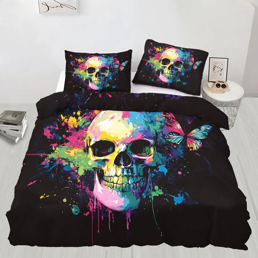 PAISUOQ Gothic Bedding Sets Full Skull Graffiti Comforter Cover with Zipper Ties, Butterfly Hippie Duvet Cover with 2 Pillowcases, 3 Pieces，Bedroom Decor & Gifts
