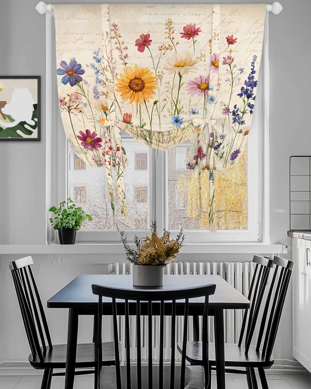 Botanical Floral Tie Up Curtains for Small Windows, Adjustable Rod Pocket Purple Pink Yellow Wildflowers Valance 45 Inch Short for Bathroom Kitchen, Retro Spring Balloon Roman Blind Shade, 34" x 45"