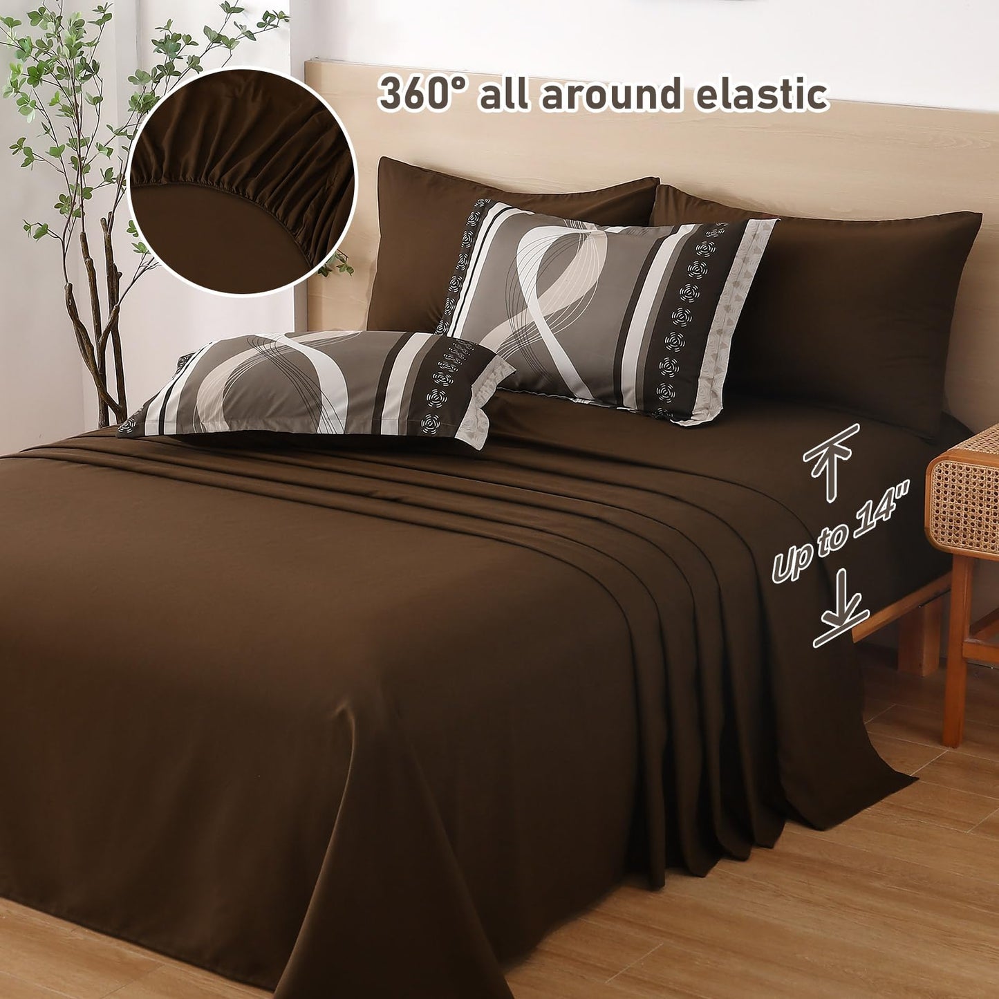 Anibedding Boho Comforter Set,8 Pieces Bed in a Bag Patchwork Striped Comforter Set,Brown Bed Set Queen Size, Soft Microfiber Boho Bedding Set for All Season(90"×90")