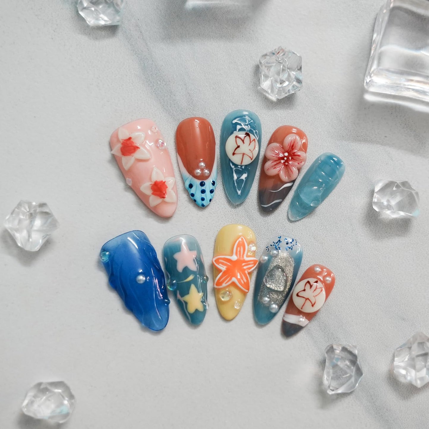 Tesytto Medium Almond Press on Nails Handmade - 3D Sea Starfish & Blue Floral Carving, Ocean French Tip Summer Beach Full Cover False Nails (Blue Floral Carving,M)