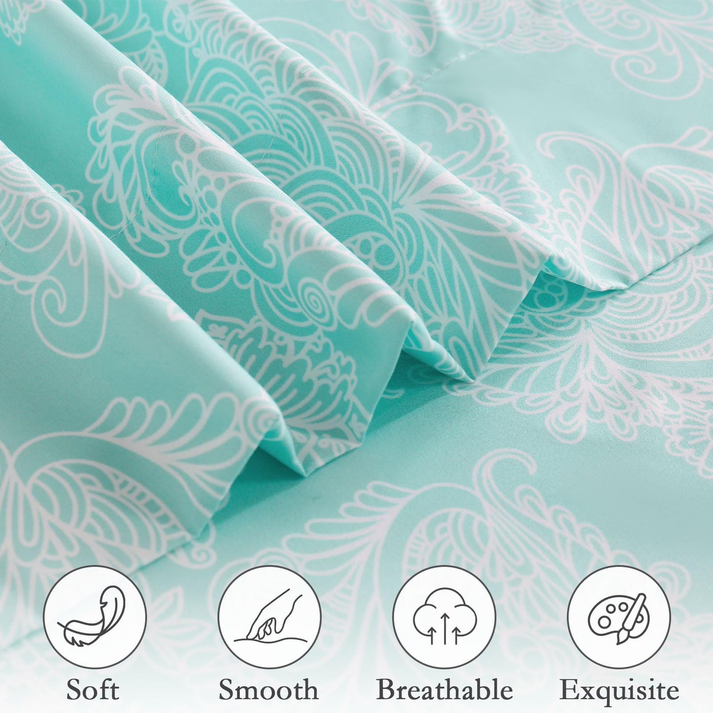 ChicView Queen Size Paisley Printed Sheet Set,4 Pieces Boho Style Breathable Soft Microfiber Bedsheets, Anti Pilling Deep Pockets Easy Care Bed Sheets, Blue