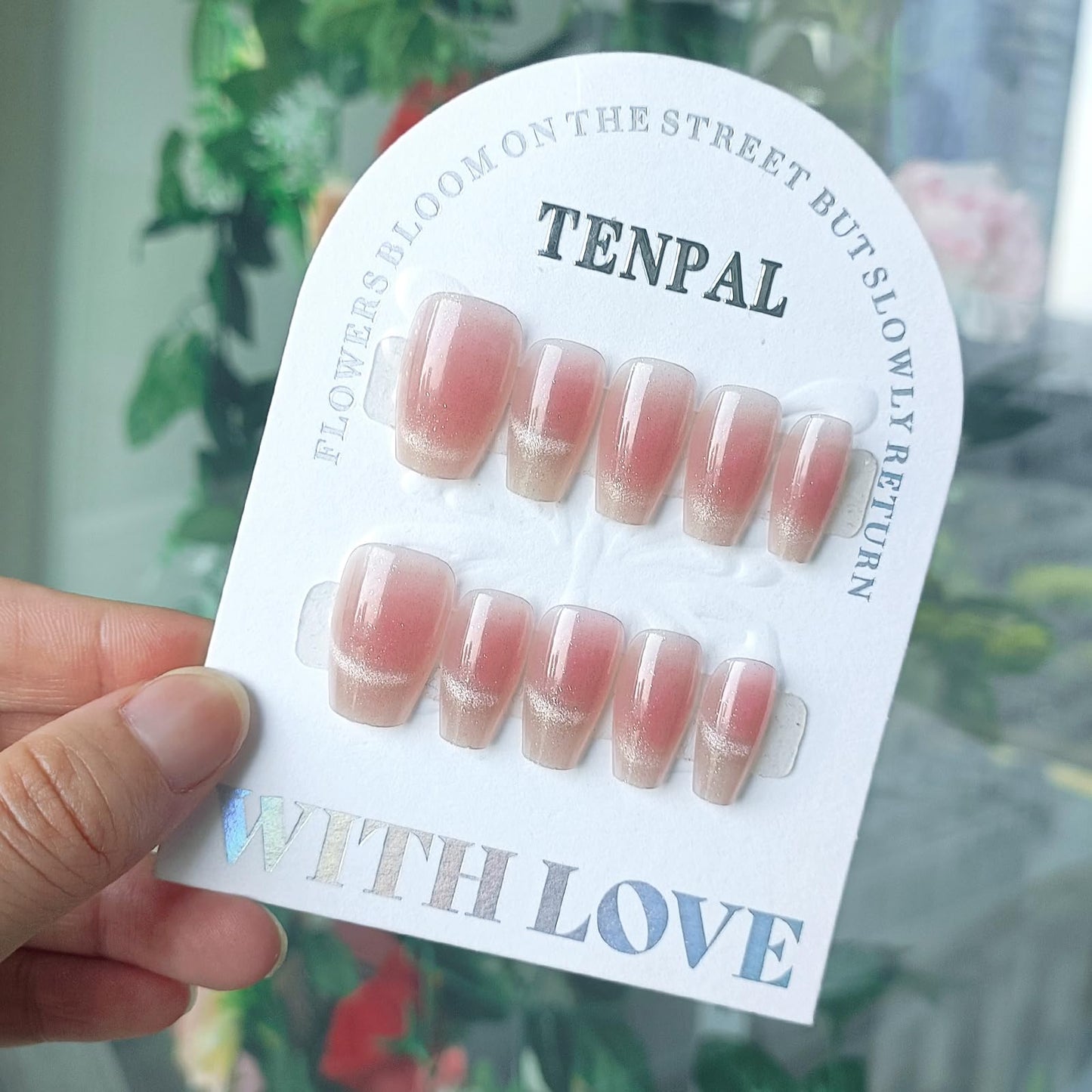 TENPAL Handmade Press on Nails Medium,Peach Pink Cat Eye Coffin Nails, Removable Acrylic Spring Summer Pink Fake Nails With Tools,Sweet Sassy Minimalist Gel Effect Glue on Nails for Women Girls(XS)