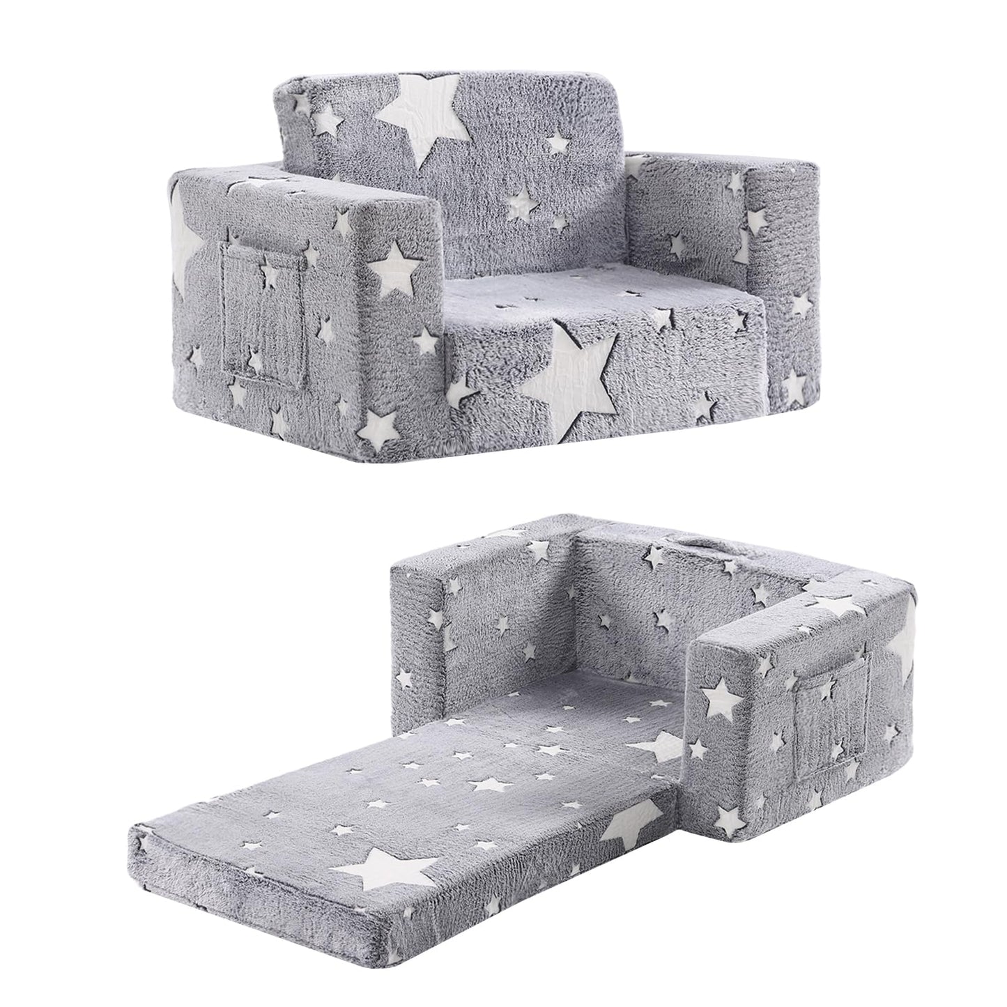 Givjoy Toddler Chair Plush Kids Couch, 2-in-1 Glow in The Dark Comfy Armchair Removable and Washable Cover Carrying Handle, Kids Reading Chair Toddler Couch for Playroom, Girls and Boys, Grey Star