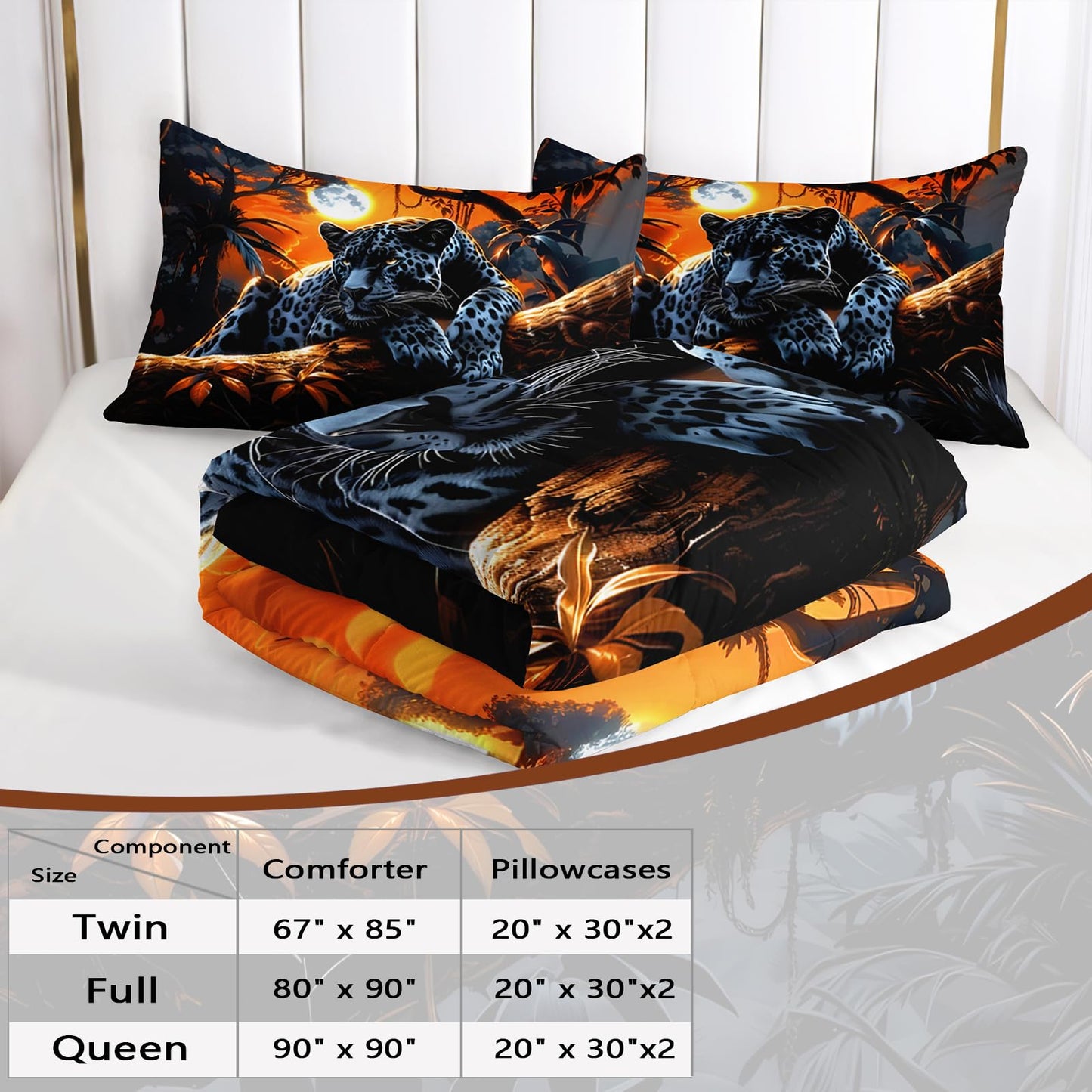 AILONEN Black Panthers Print Comforter Set Queen Size, Safari Leopard Theme Bedding Set for Room,Forest Animal Soft Mirofiber Comforter with 2 Pillowcases,3Pcs