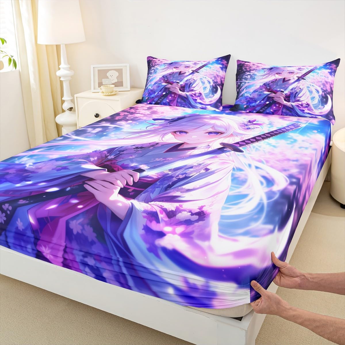 Erosebridal Anime Girl Twin Bedding Set for Kids, Kawaii Japanese Anime Fitted Sheet Cartoon Girl Bed Sheets Sci Fi Style Japanese Animation Sheets for Kids Girls Teens Adult Bedroom