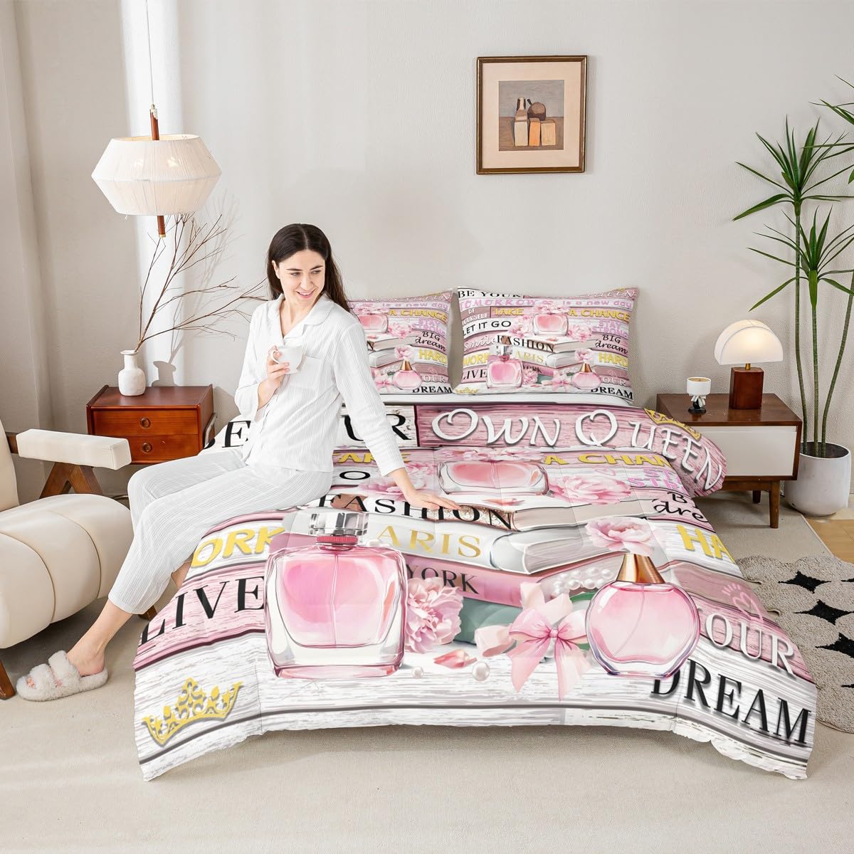 Erosebridal Pink Fashion King Bedding Set for Women Girls Kids Girly Aesthetic Modern Comforter Inspirational Quotes Trendy Elegant Coquette Cute Quilt Perfume Paris Preppy Pink Bow Duvet Insert