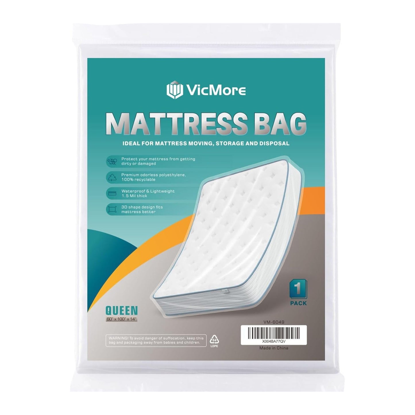 VICMORE Queen Mattress Bag for Moving, Storage & Disposal, 1.5 Mil Heavy-Duty Plastic Mattress Cover, Tear-Resistant, Dustproof, Reusable (Fits Queen Size Beds)