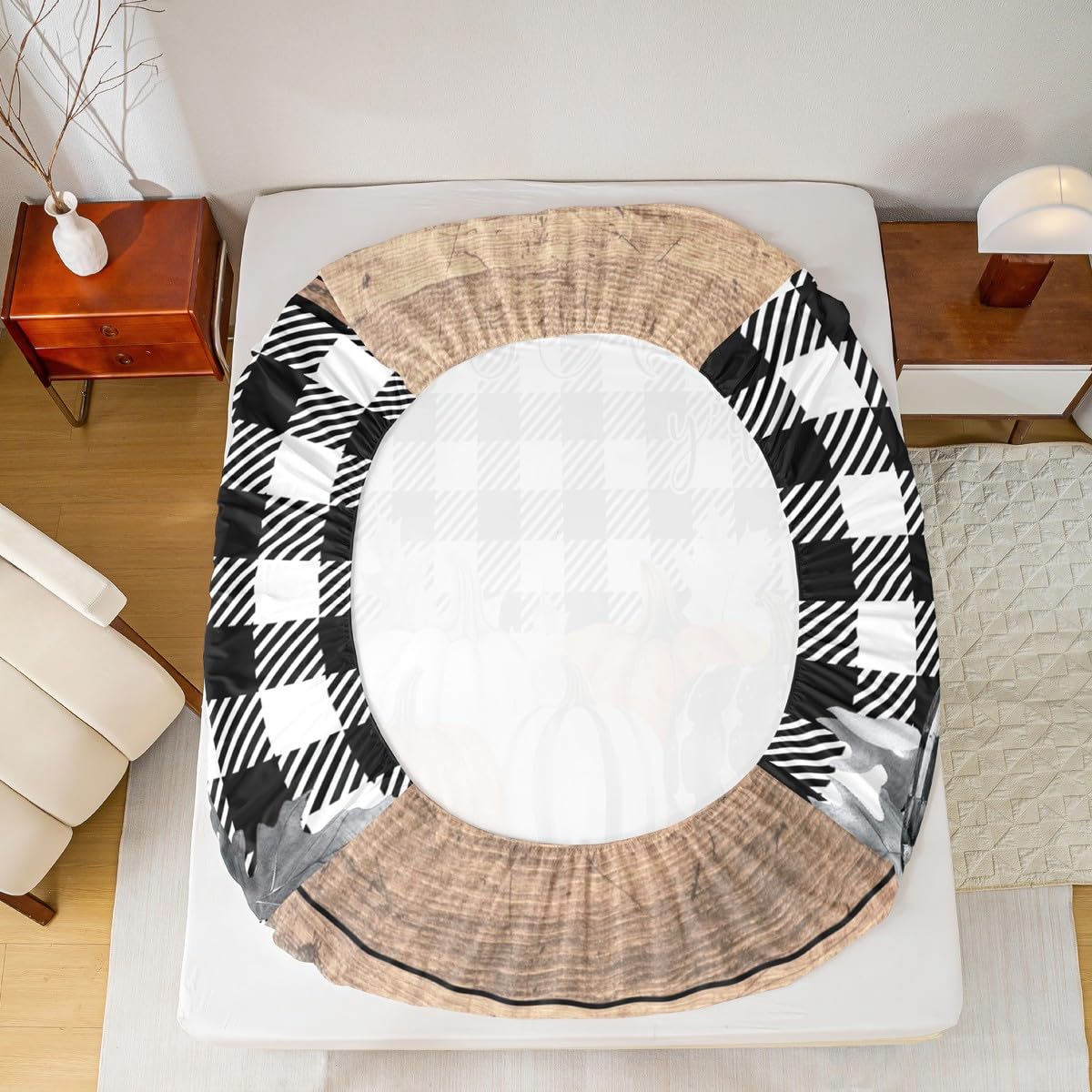 Fall Pumpkins Bed Sheets Queen Rustic Farmhouse Thanksgiving Theme Beddig Set Black White Buffalo Plaid Fitted Sheet Happy Autumn Fall Sheet Set Wooden Board Flat Sheet 2 Pillow Cases Home Room Decor