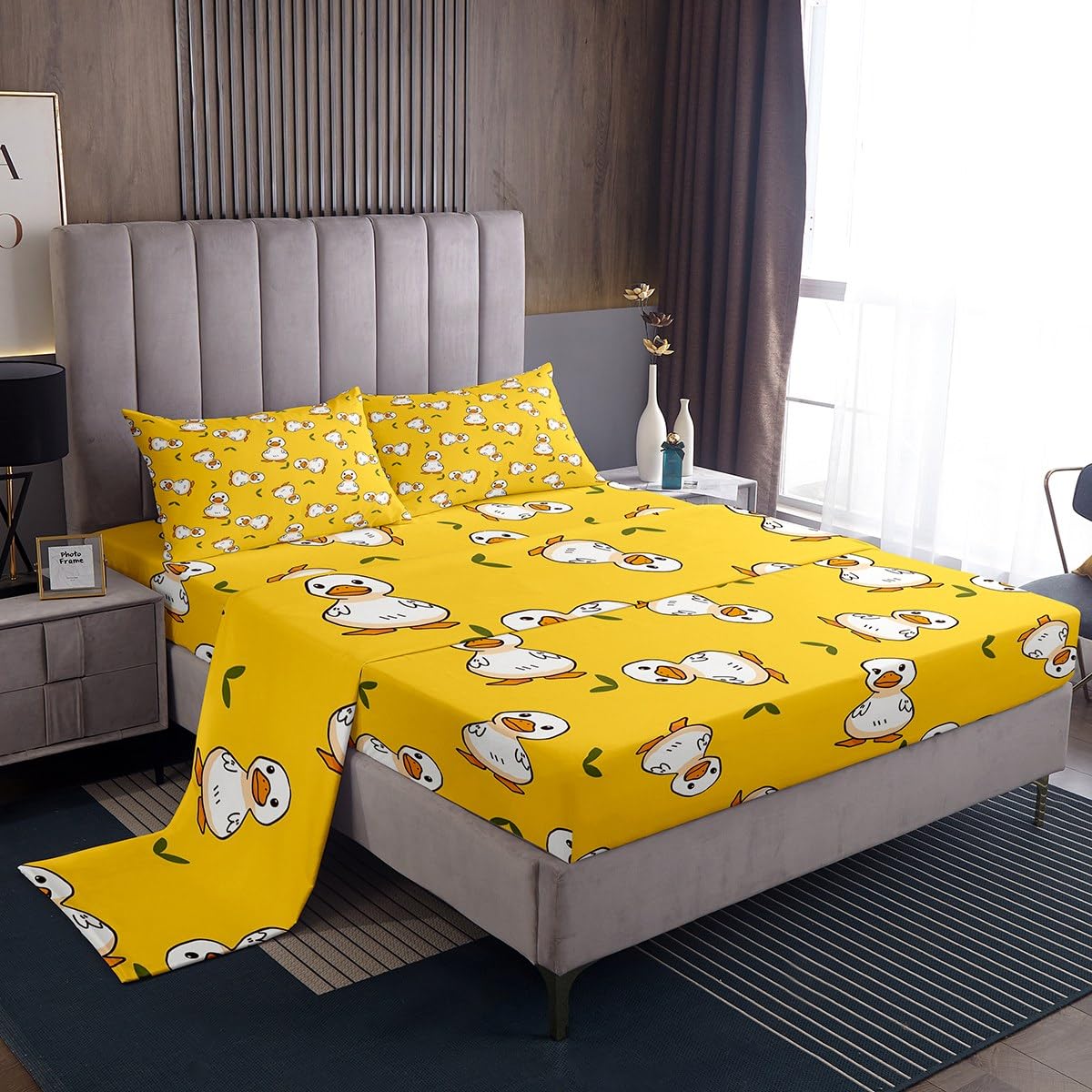 Erosebridal Duck Sheet Set, Cartoon Duck Bed Sheets for Kids, Lovely Hand Painted Bedding Set with Full Fitted Sheet + Flat Sheet + 2 Pillowcases