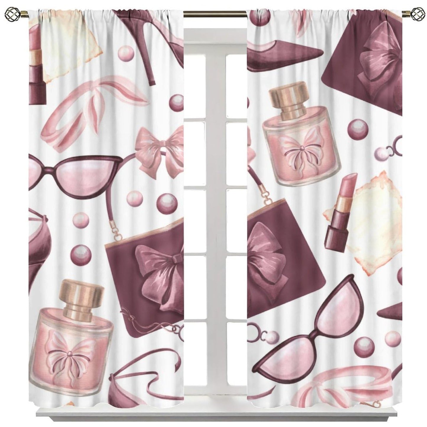 Fashion Girls Curtains Modern High Heels Pink Perfume Lipstick Sunglasses Bag Art Printed Rod Pocket Window Treatments For Women Teenage Living Room Bedroom 2 Panels Set 41x45 ln（No Blackout）