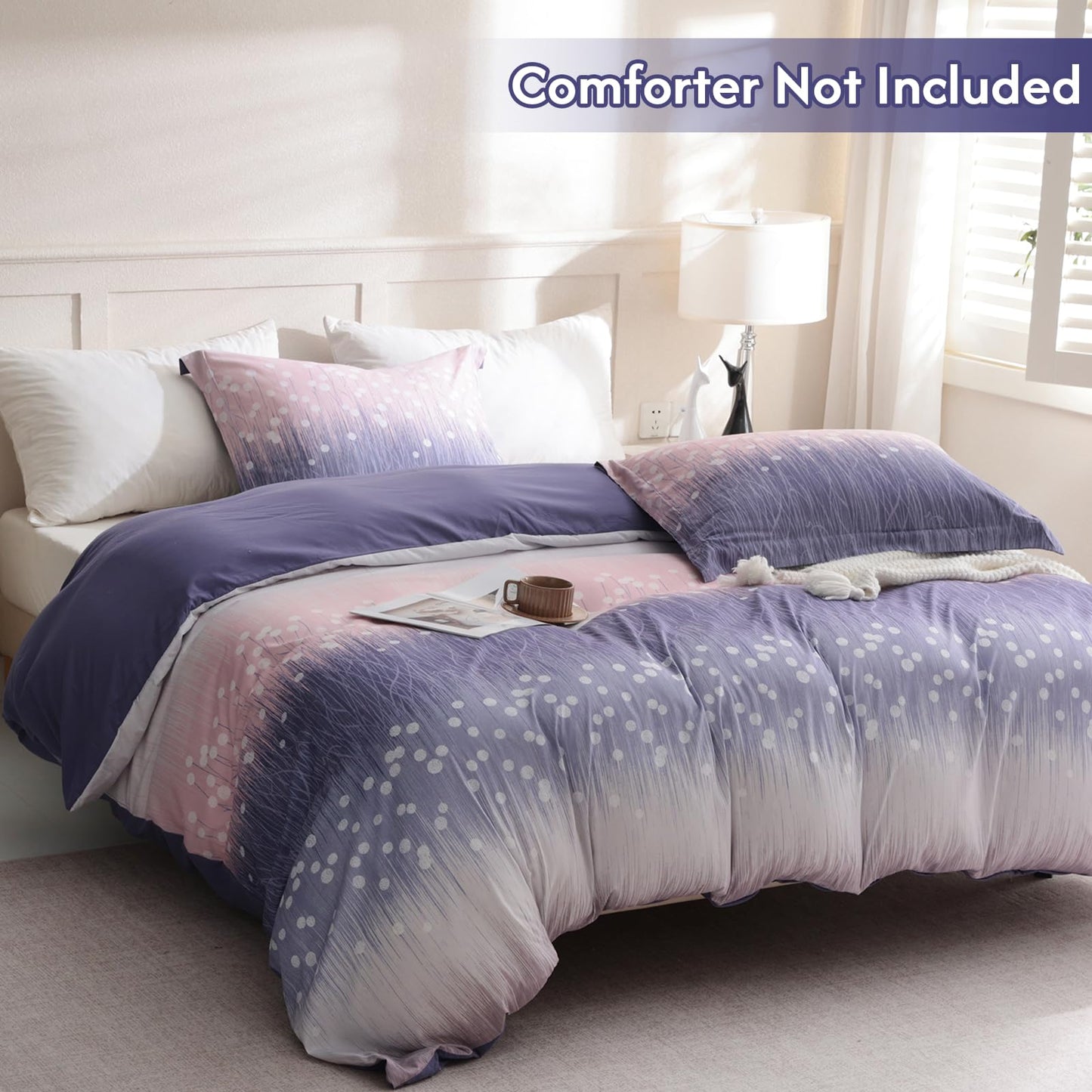LONAVA Queen Patchwork 3 Pcs Duvet Cover Set, Breathable Soft Microfiber Purple Lining Comforter Cover with Zipper Closure, and 2 Anti-Pilling, Fade Resistant Pillowcases, Purple Blossom