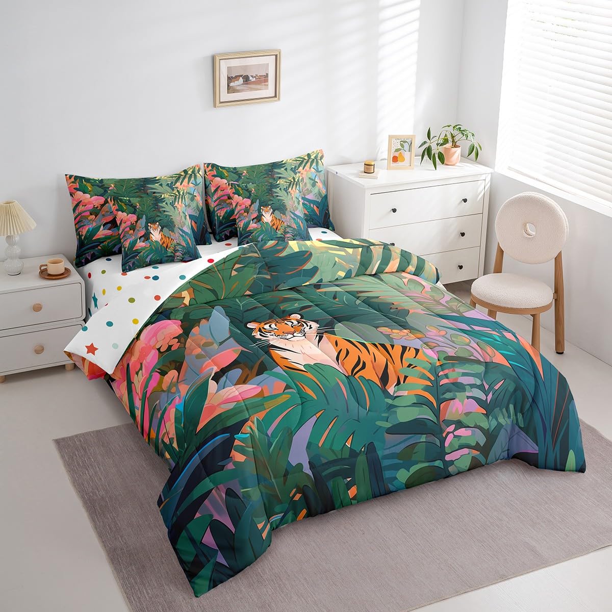 Erosebridal African Tiger Bedding Set King Size, Safari Animal Wildlife Comforter Set, Palm Tree Leaves Kids Teens (Comforter+Fitted+Flat Sheet+2 Pillowcases+2 Throw Pillow Covers) 7 Pieces Bed Set