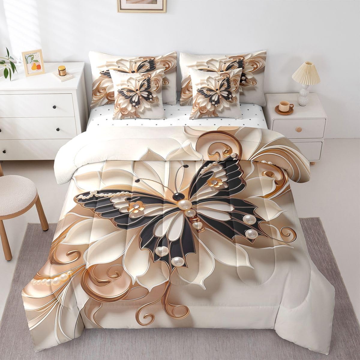 Erosebridal Luxury Butterflies Print 7 Piece Bedding Set Twin Floral Butterfly Print Comforter Set with Sheets Gold Dreamy Bed in a Bag 3D Pearl Flower Bed Sets Comforter