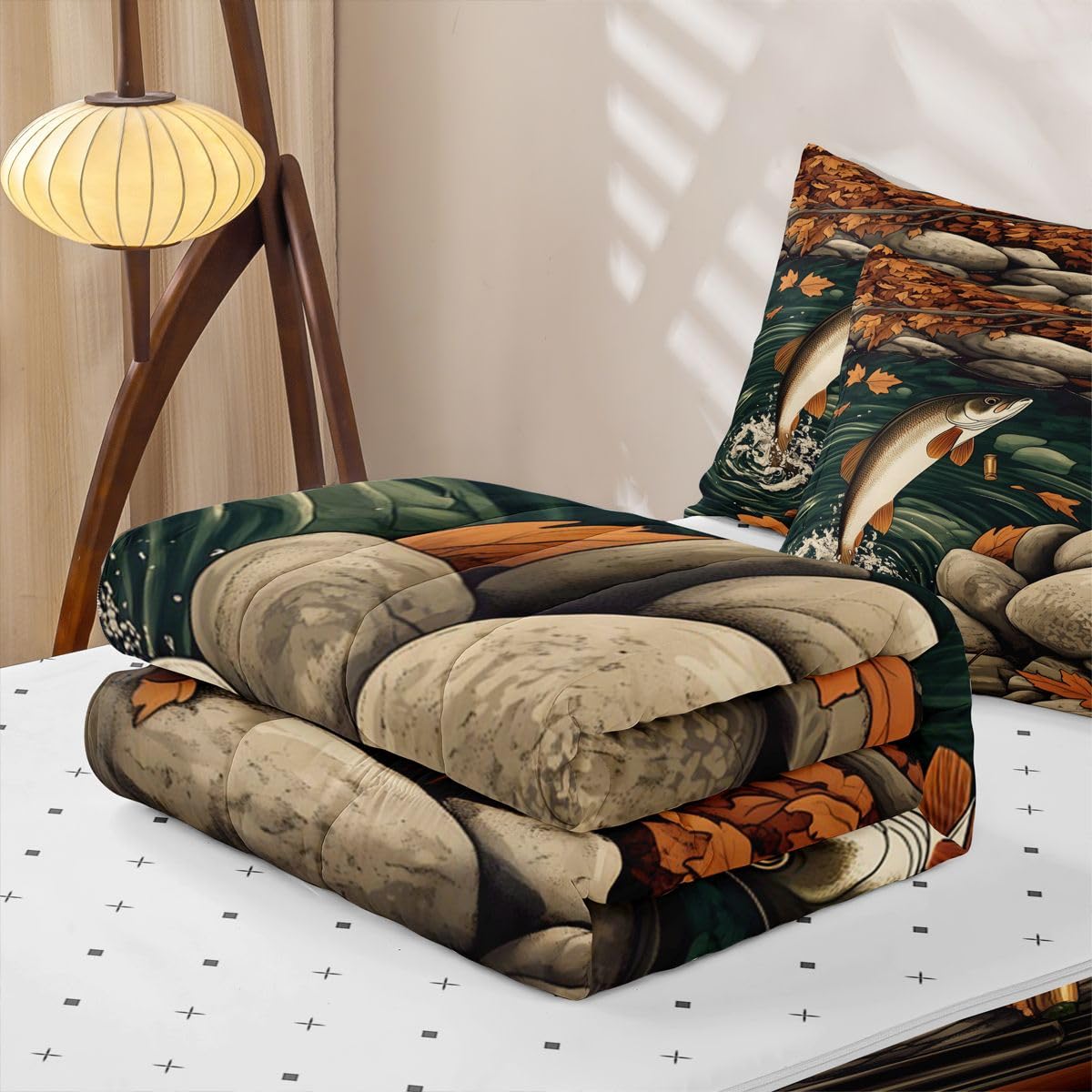 jejeloiu Fishing Zipper Bedding Twin Hunting Wildlife Bedding Sets for Kids Boys Girls Autumn Pond Comforter Set with Fitted Sheet 2 Pillowcases Rustic One Zipper Bed Set for All Seasons