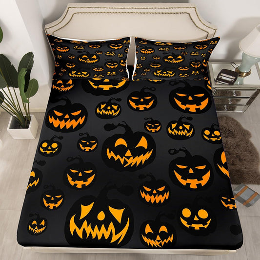 Feelyou Pumpkin Fitted Sheet Full Size for Kids Boys Girls Halloween Decor Bed Sheets Set 16" Deep Pocket Soft Breathable Microfiber Horror Bedding with 2 Pillowcases Happy Halloween Room Decor