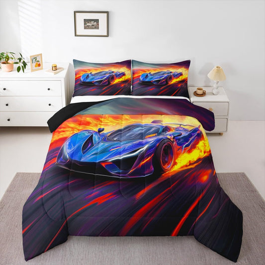 jejeloiu Race Car Comforter Set Twin Size Extreme Sports Bedding Set for Kids Boys Girls Cool Sports Car Duvet Quilt Blue Red Bedroom Decor Microfiber 2 Pcs with 1 Pillow Cases