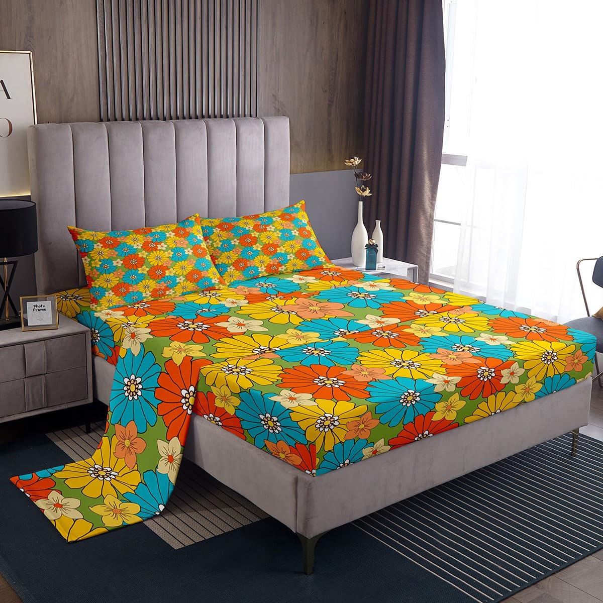 Erosebridal 60S 70S Hippie Bed Sheets Full Retro Groovy Flowers Bedding Set Abstract Vintage Floral Sheet Set for Kids Girls Teen,Boho Natural Botanical Fitted Sheet + Flat Sheet + 2 Pillow Cases