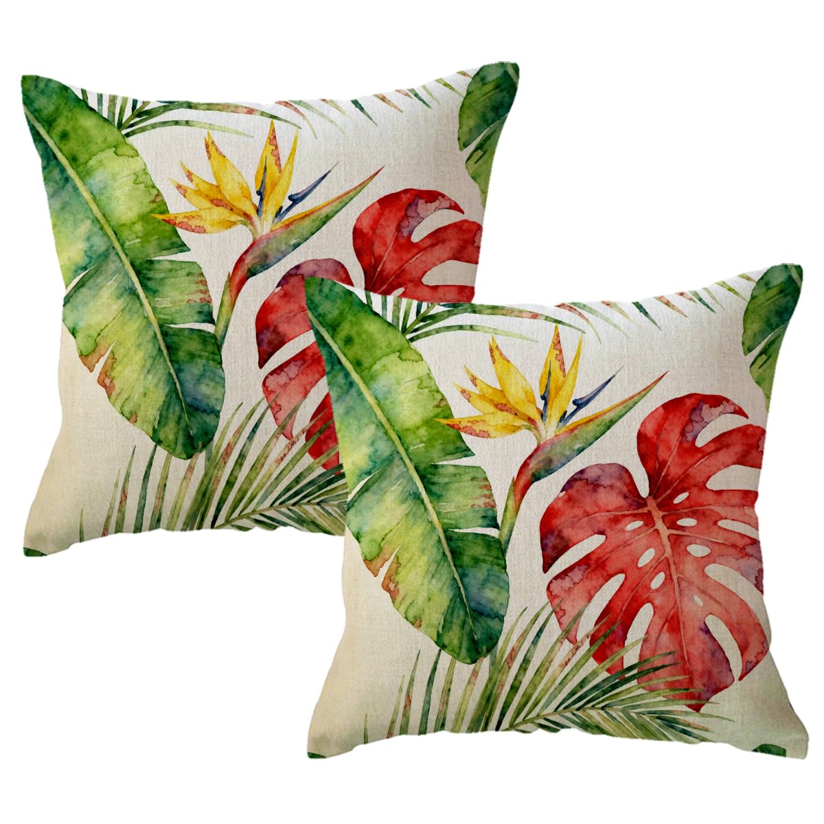 ULOVE LOVE YOURSELF Monstera Leaf Pillow Covers 2Pack Tropical Bird of Paradise Cushion Covers Botanical-Themed Decorative Pillowcases 18×18 Inch for Sofa Couch Porch Patio(Yellow/Red)
