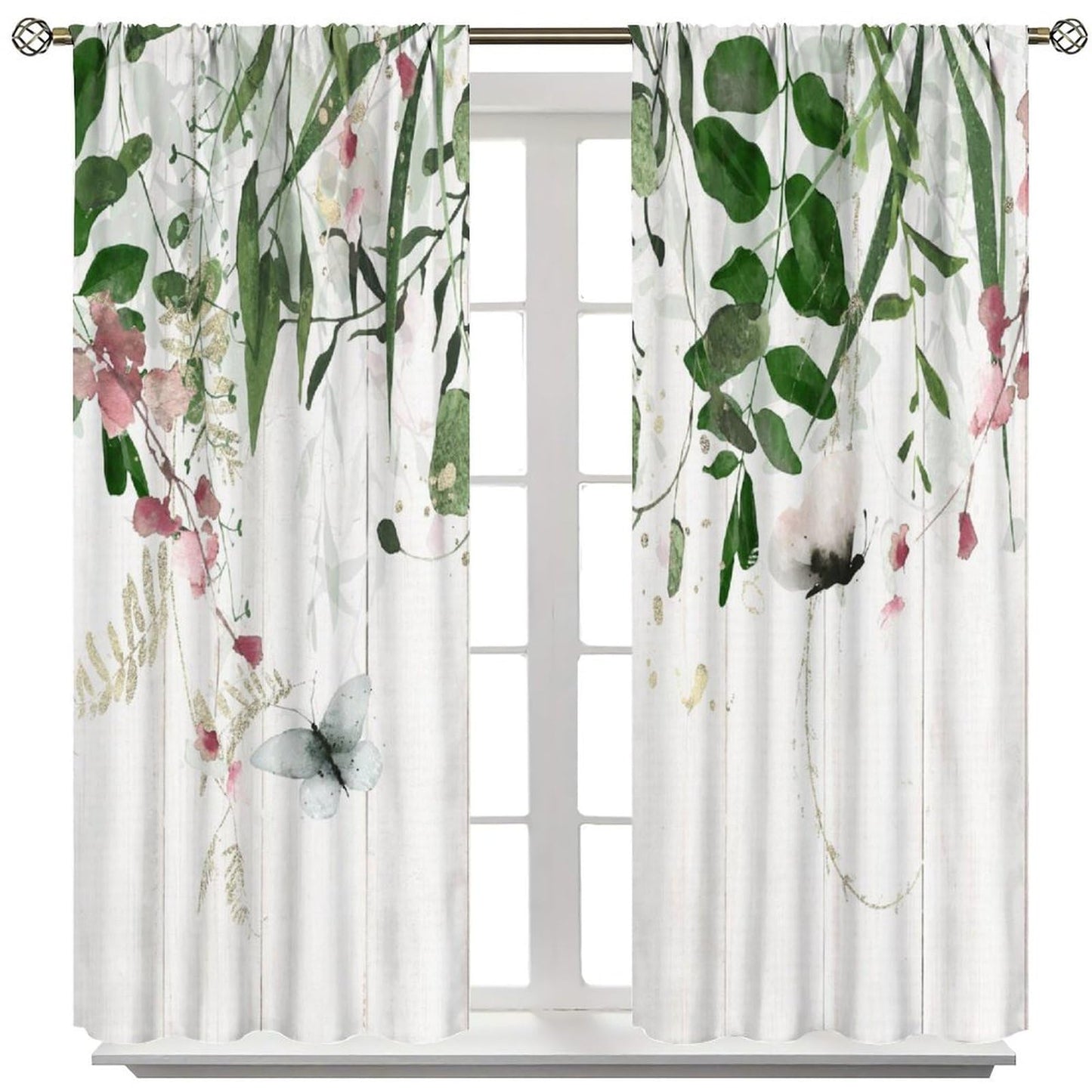 Rustic Floral Curtains Green Grey Eucalyptus Botanical Leaves Butterfly Farmhouse Flower Leaf Pattern Decor Rod Pocket Drapes for Bedroom Living Room,2 Panels Set,42x45Inch