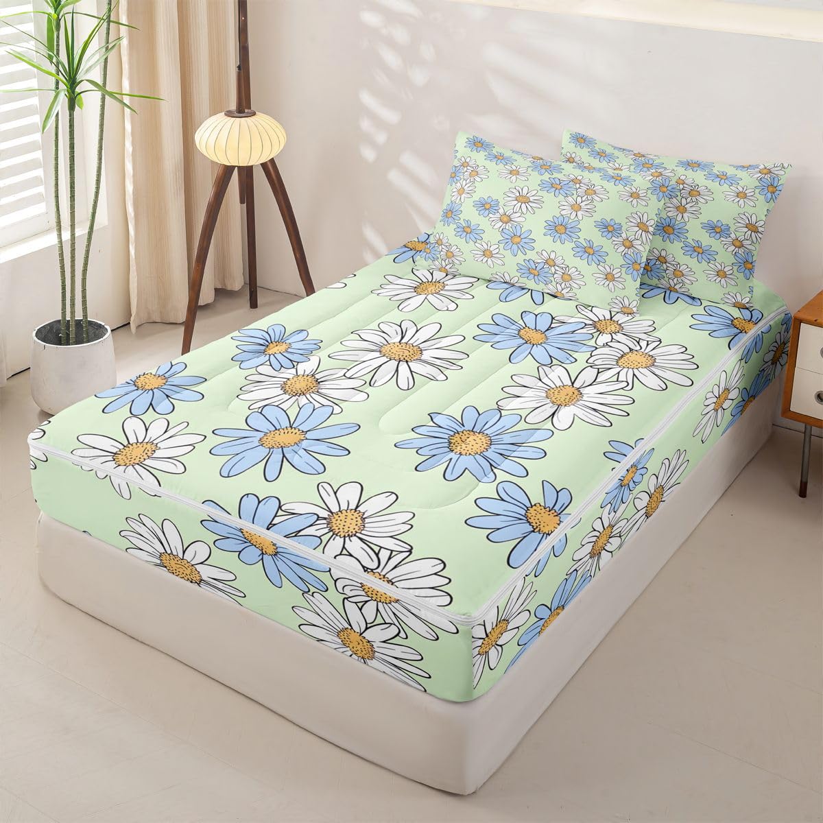 Feelyou Cute Floral Zipper Bedding Queen Cartoon Green Daisy Flower Bedding Sets for Kids Boys Girls Botanical Aesthetic Comforter Set with Fitted Sheet 2 Pillowcases One Zipper Bed Set
