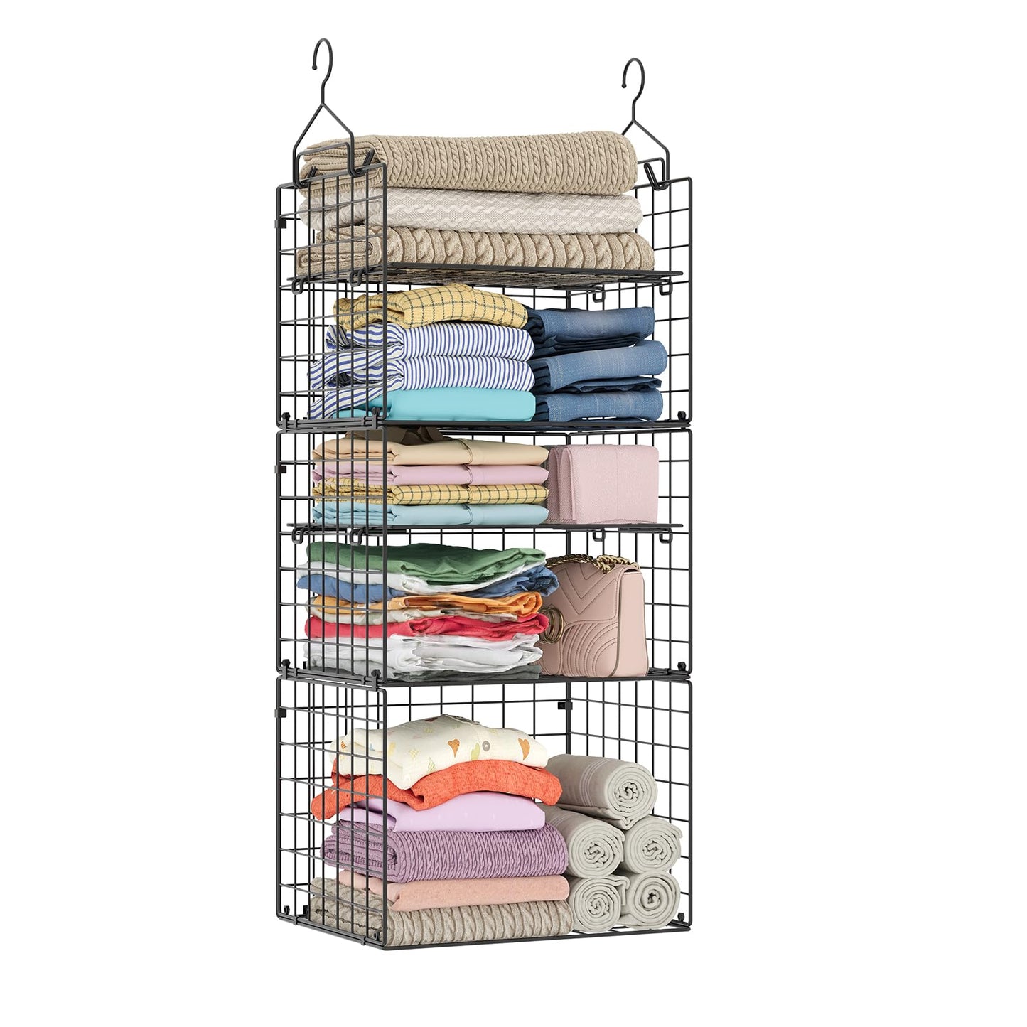 X-cosrack Closet Hanging Organizer Shelves - 5 Tier Wardrobe Organizers and Storage Bin, Hanging Organizer Shelves, Clothes Shelf with Adjustable Dividers for Bedroom Closet Sweater Shoes Handbag