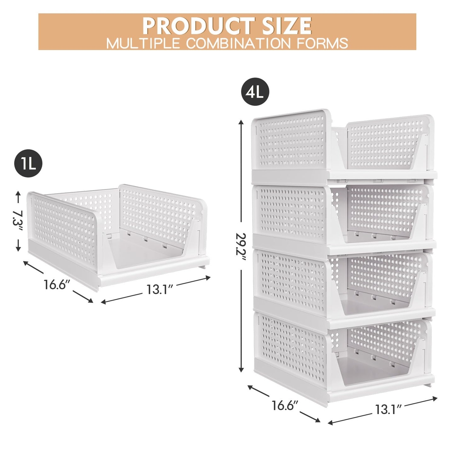 caktraie 4 Pack Stackable Closet Storage Basket - Stackable Storage Bins, Multifunctional & Foldable Closet Organizer Divided, Wardrobe Cupboard Space-Saving Clothes Storage Hat Organizer, White