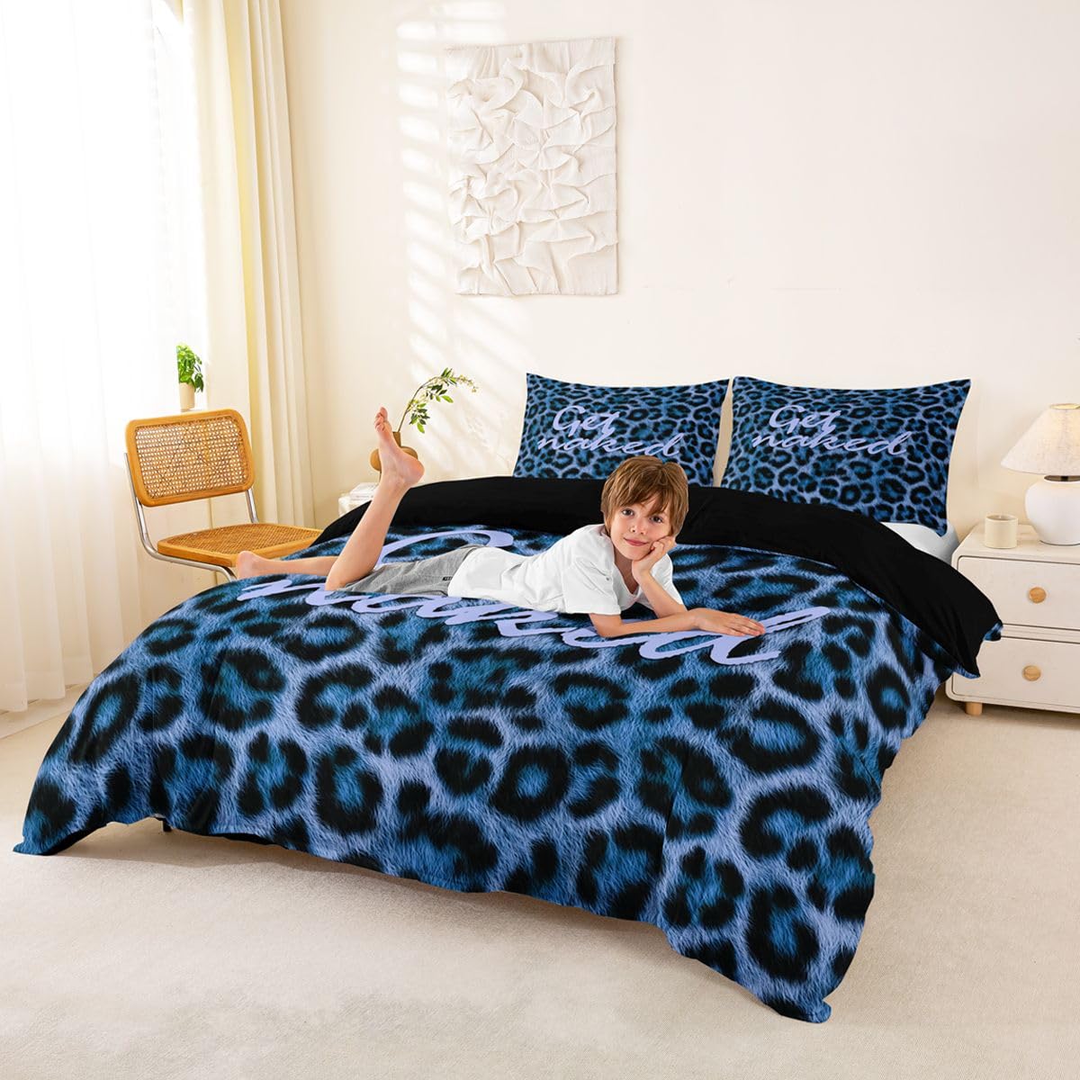 Feelyou Leopard Print Get Naked Duvet Cover King Size Funny Quotes Comforter Cover for Boys Girls Blue Black Bedding Set 3Pcs Cheetah Room Decor