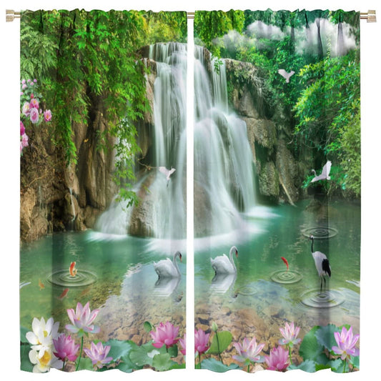 Waterfall Deocr Curtain, Japanese Style Waterfall Mountain Cloud Boat Flower Dreamy Scenes Home Decor Windows Rod Pocket Curtain for Living Room Nursery Boys Girls Bedroom Window Drapes 42" Wx45 L