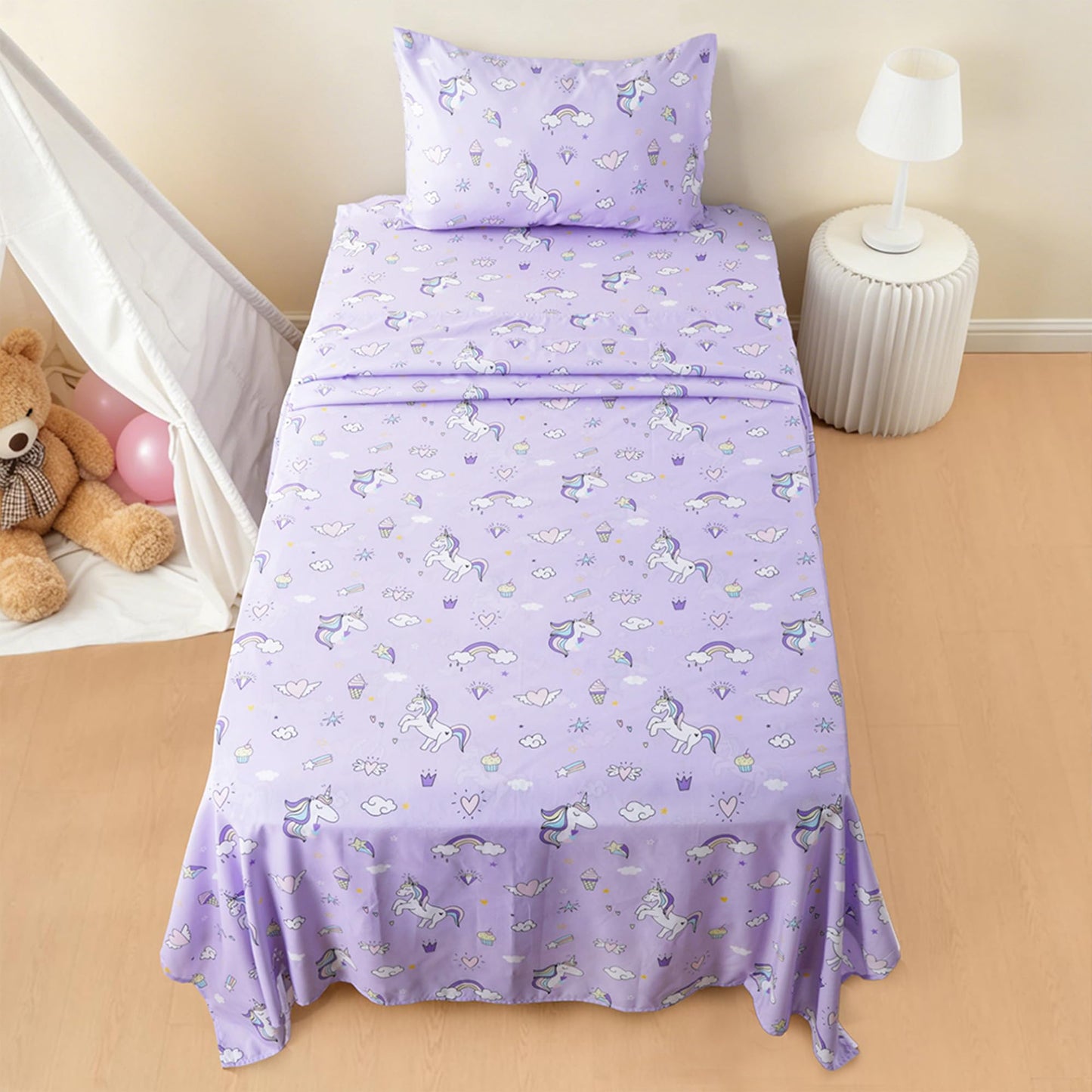 Bunnikins & Clover Unicorn Kids Sheet Set Twin Size, 3 Piece Soft Microfiber Twin Bed Sheets, Deep Pocket Unicorn Sheets Twin for Boys Girls