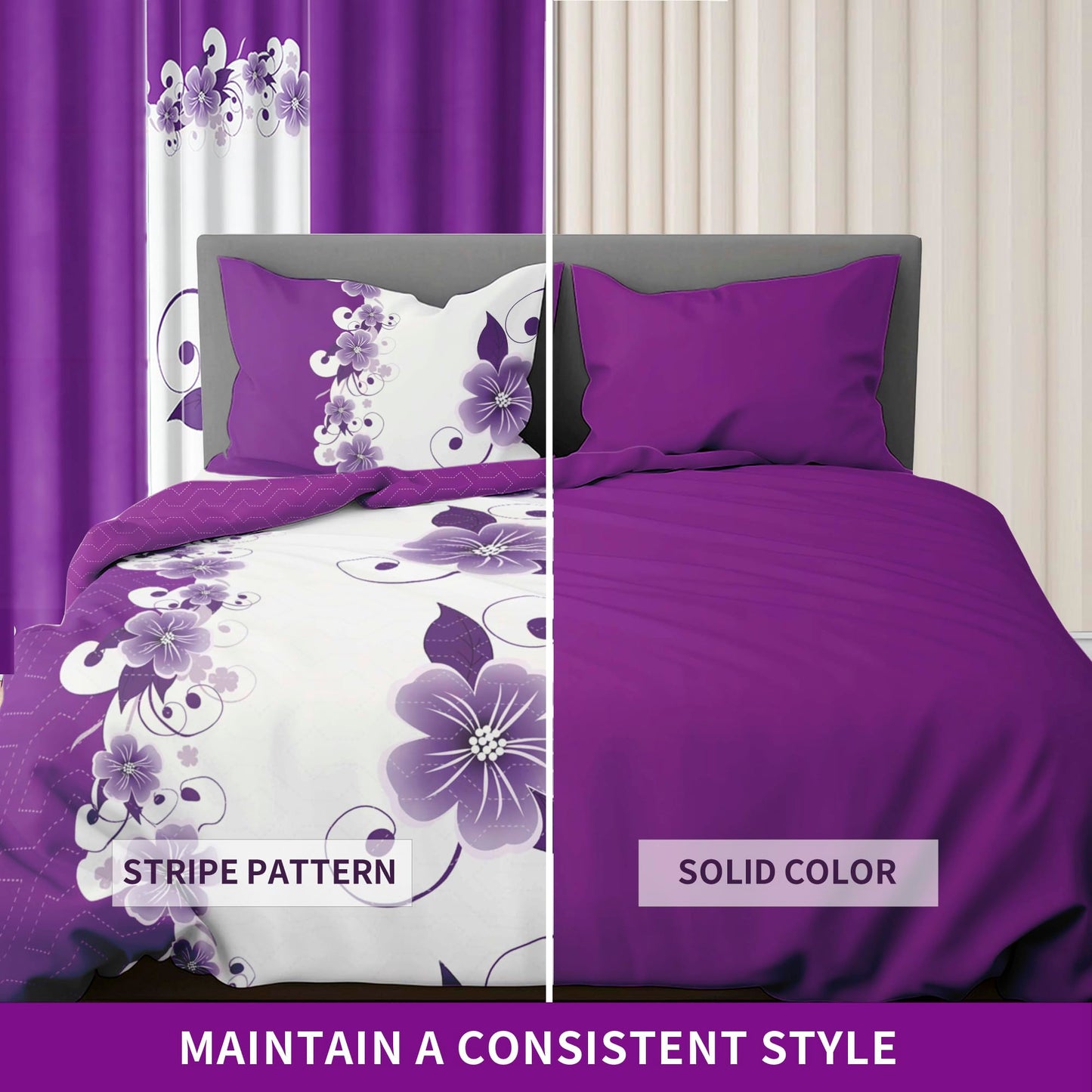 Deepsleep King Bedspread Set 9 Pieces, All Season Luxury Bed in a Bag for Bedroom, with 2 Pillowcases and 6 Curtains, Ultra-Soft Microfiber for Complete Bedroom Decor, Purple Gardenia Flower