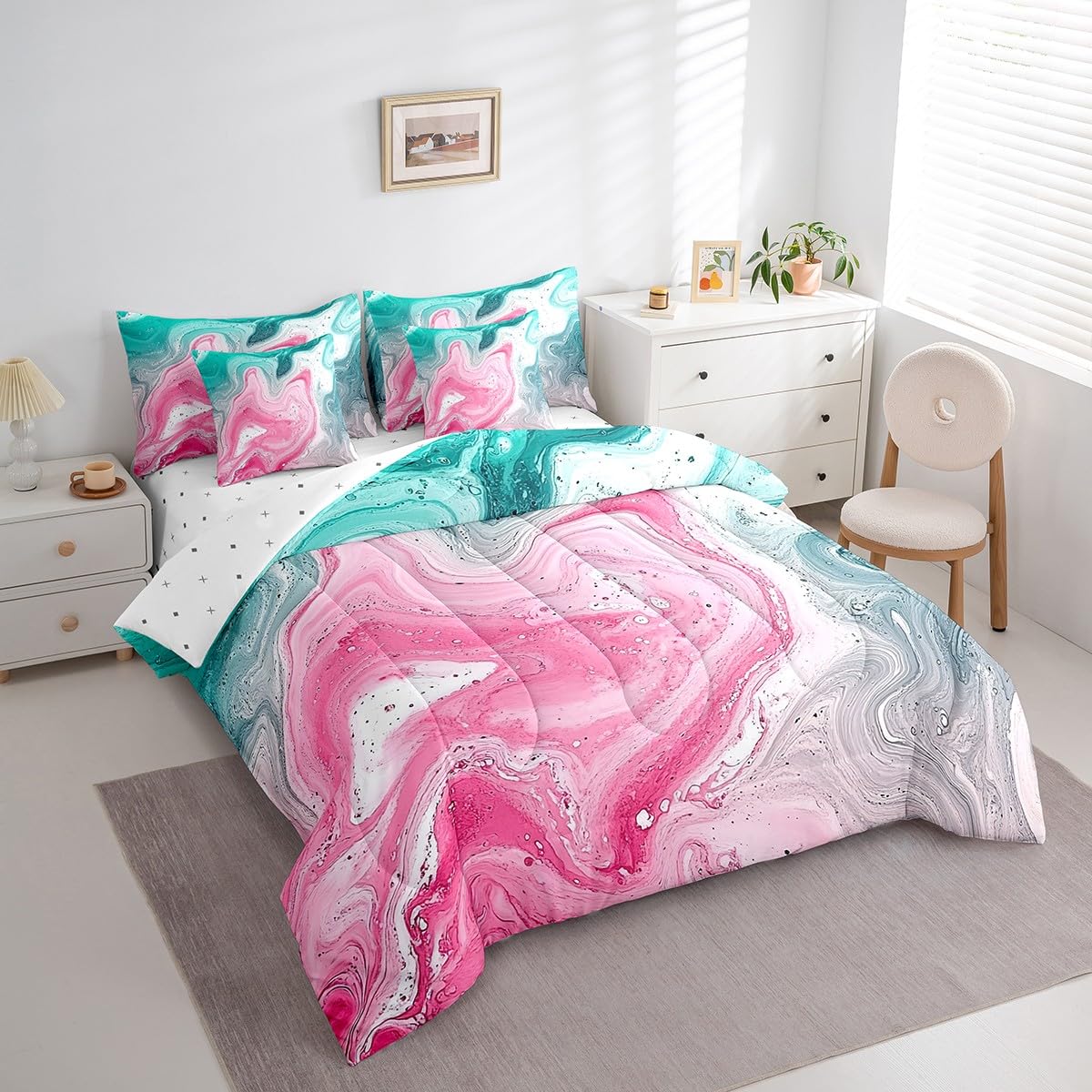 Erosebridal Marble Bed in A Bag with Sheets,Abstract Abstract Fluid Bedding Set Pink Green Gradient Twin Comforter Set 7 Piece for Kids Teen Adults,Marbling Sheet Set with Comforter